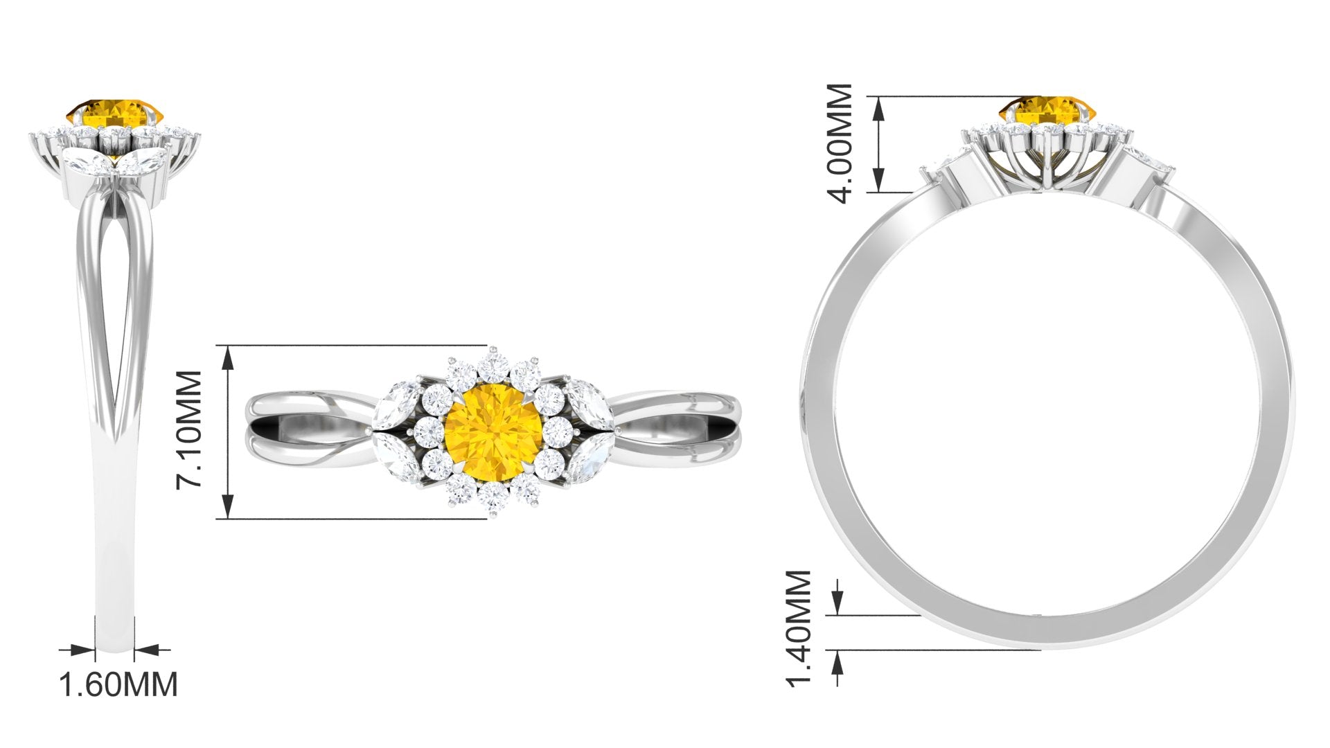 Split Shank Yellow Sapphire Flower Engagement Ring with Diamond Yellow Sapphire - ( AAA ) - Quality - Rosec Jewels