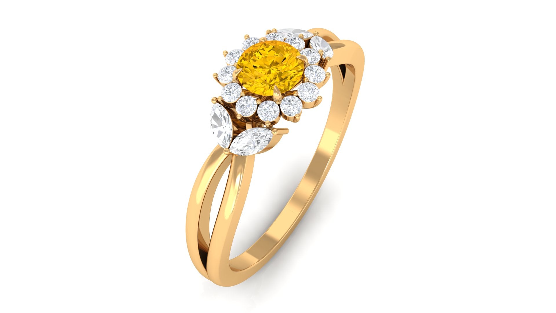 Split Shank Yellow Sapphire Flower Engagement Ring with Diamond Yellow Sapphire - ( AAA ) - Quality - Rosec Jewels