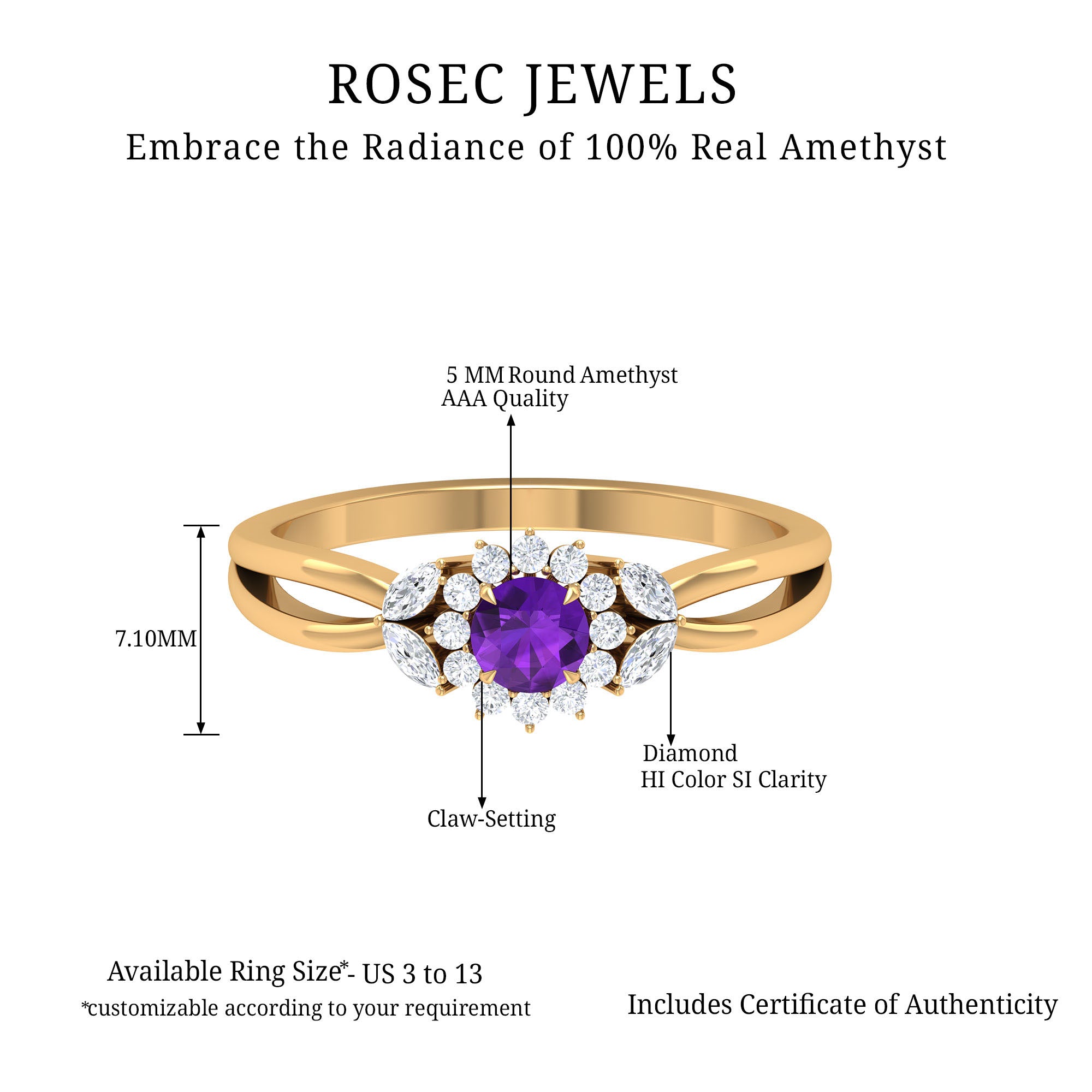 Split Shank Amethyst Flower Engagement Ring with Diamond Amethyst - ( AAA ) - Quality - Rosec Jewels