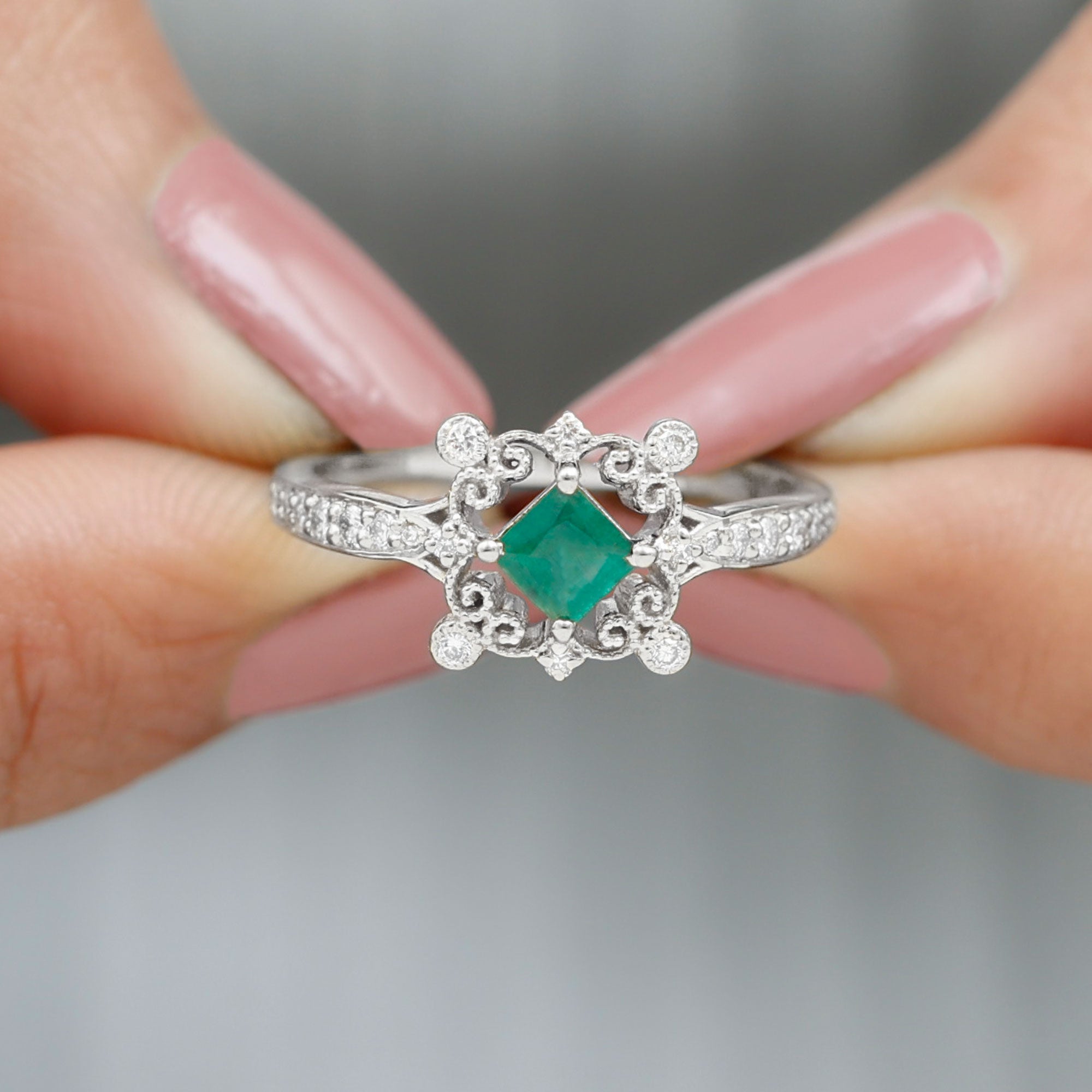 Antique Style Emerald and Diamond Engagement Ring with Beaded Detailing Emerald - ( AAA ) - Quality - Rosec Jewels