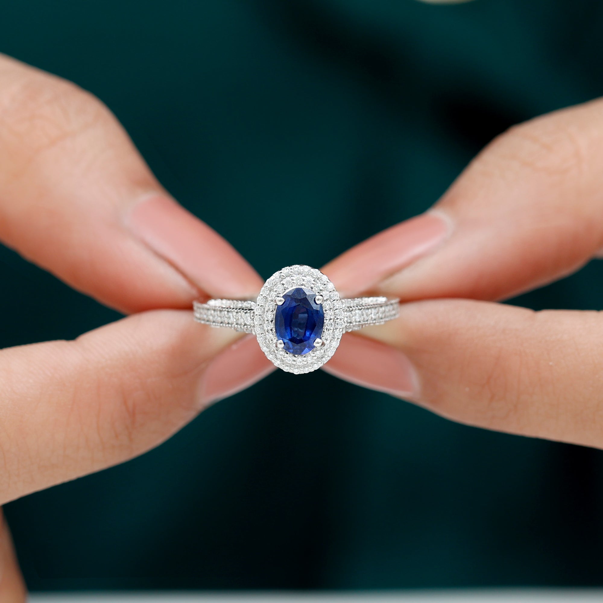 Oval Created Blue Sapphire Double Halo Engagement Ring with Diamond Lab Created Blue Sapphire - ( AAAA ) - Quality - Rosec Jewels