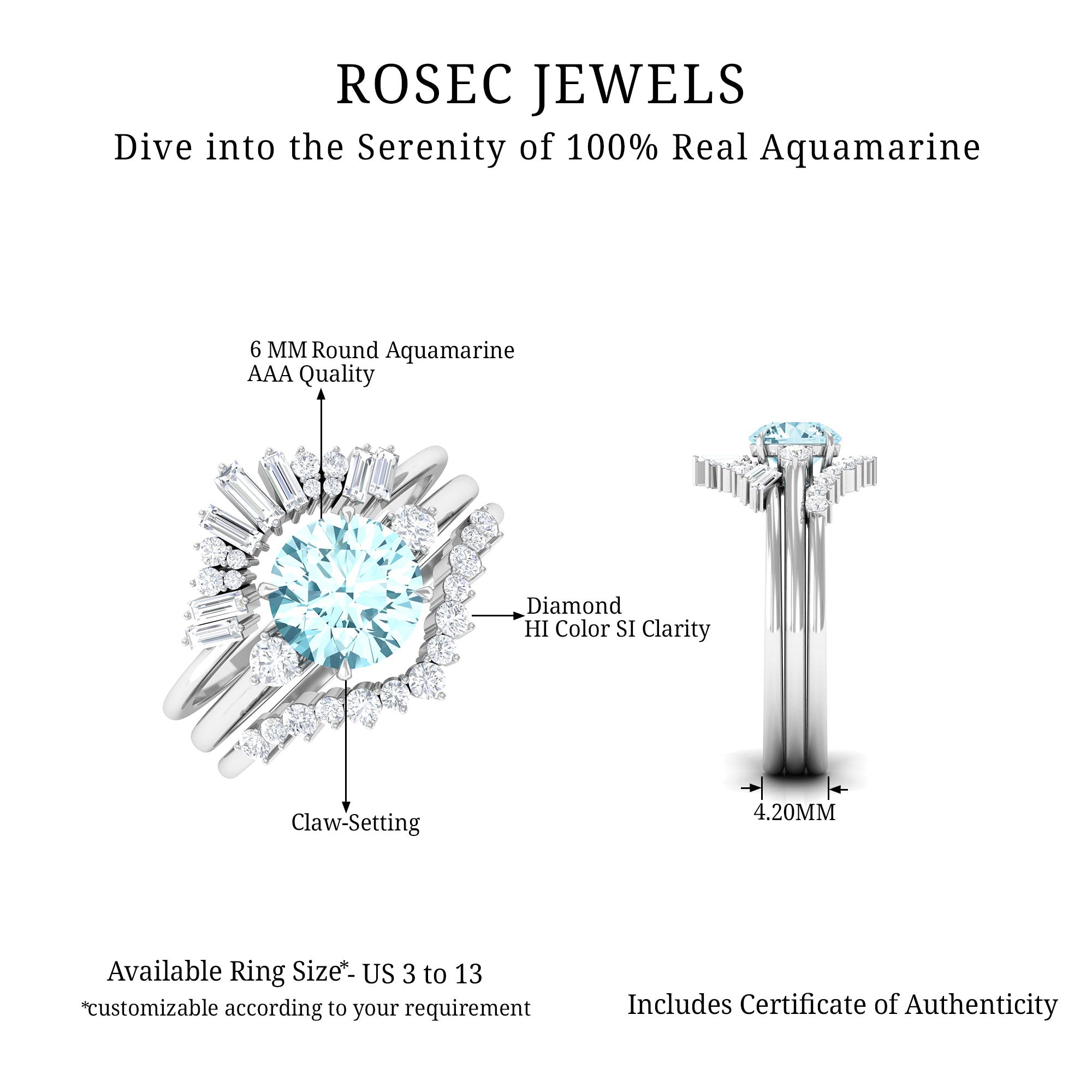 Real Aquamarine Designer Trio Wedding Ring Set with Diamond Aquamarine - ( AAA ) - Quality - Rosec Jewels