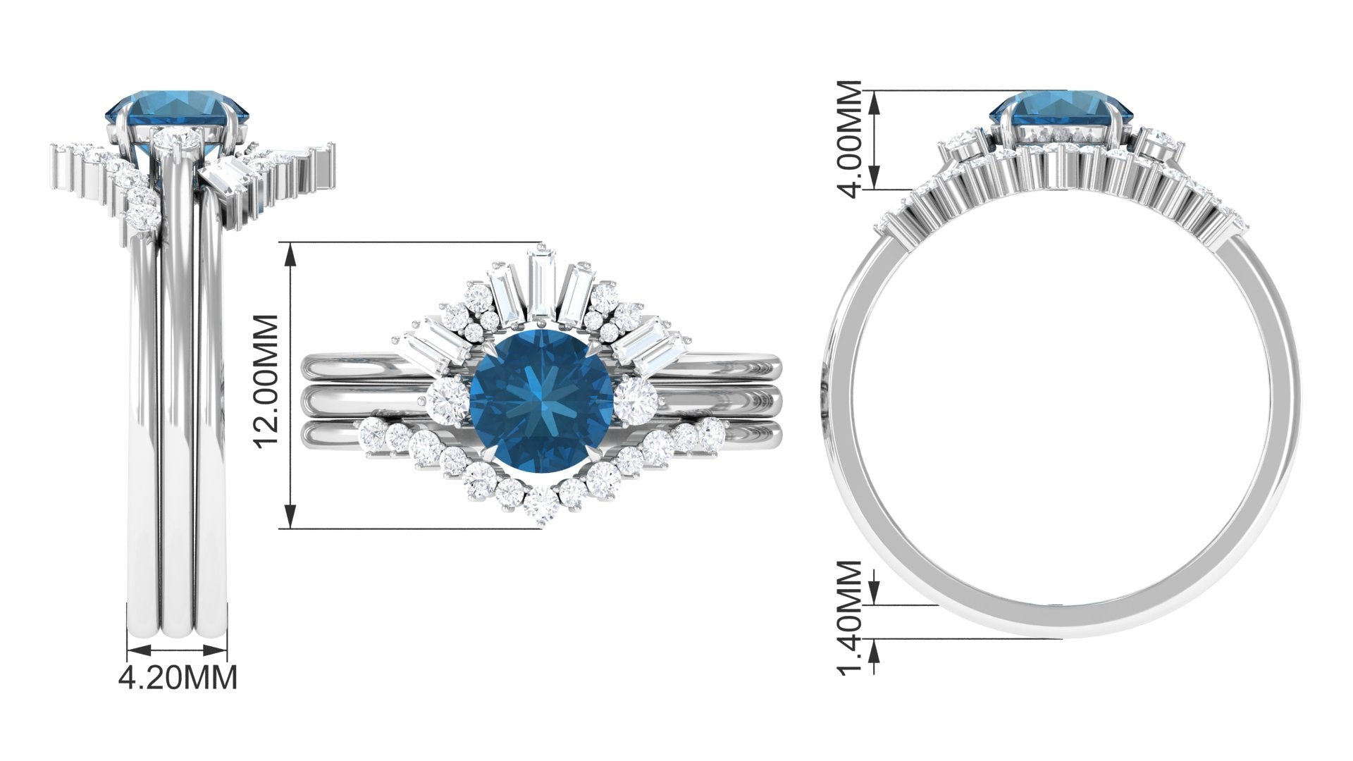 Round London Blue Topaz Designer Trio Wedding Ring Set with Diamond London Blue Topaz - ( AAA ) - Quality - Rosec Jewels