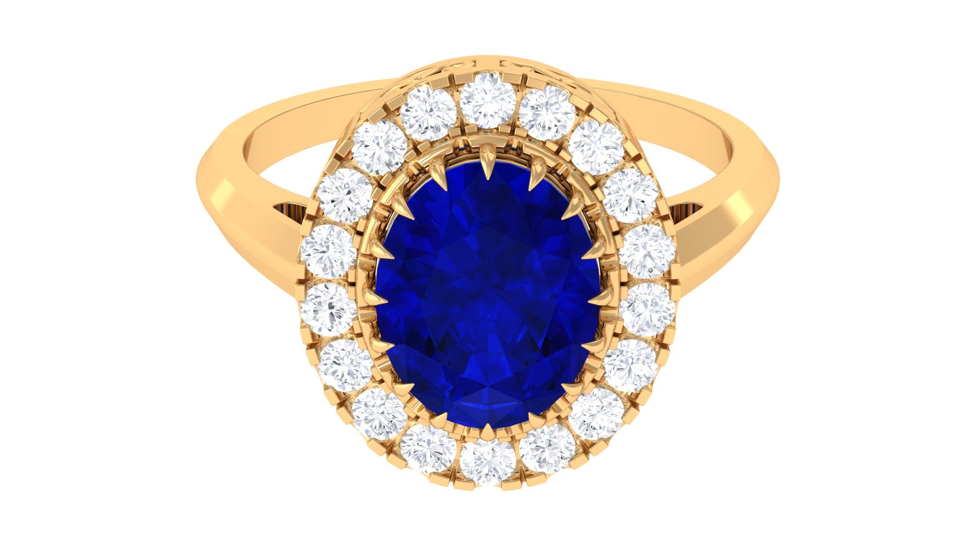 Vintage Style Oval Created Blue Sapphire and Diamond Crown Engagement Ring Lab Created Blue Sapphire - ( AAAA ) - Quality - Rosec Jewels