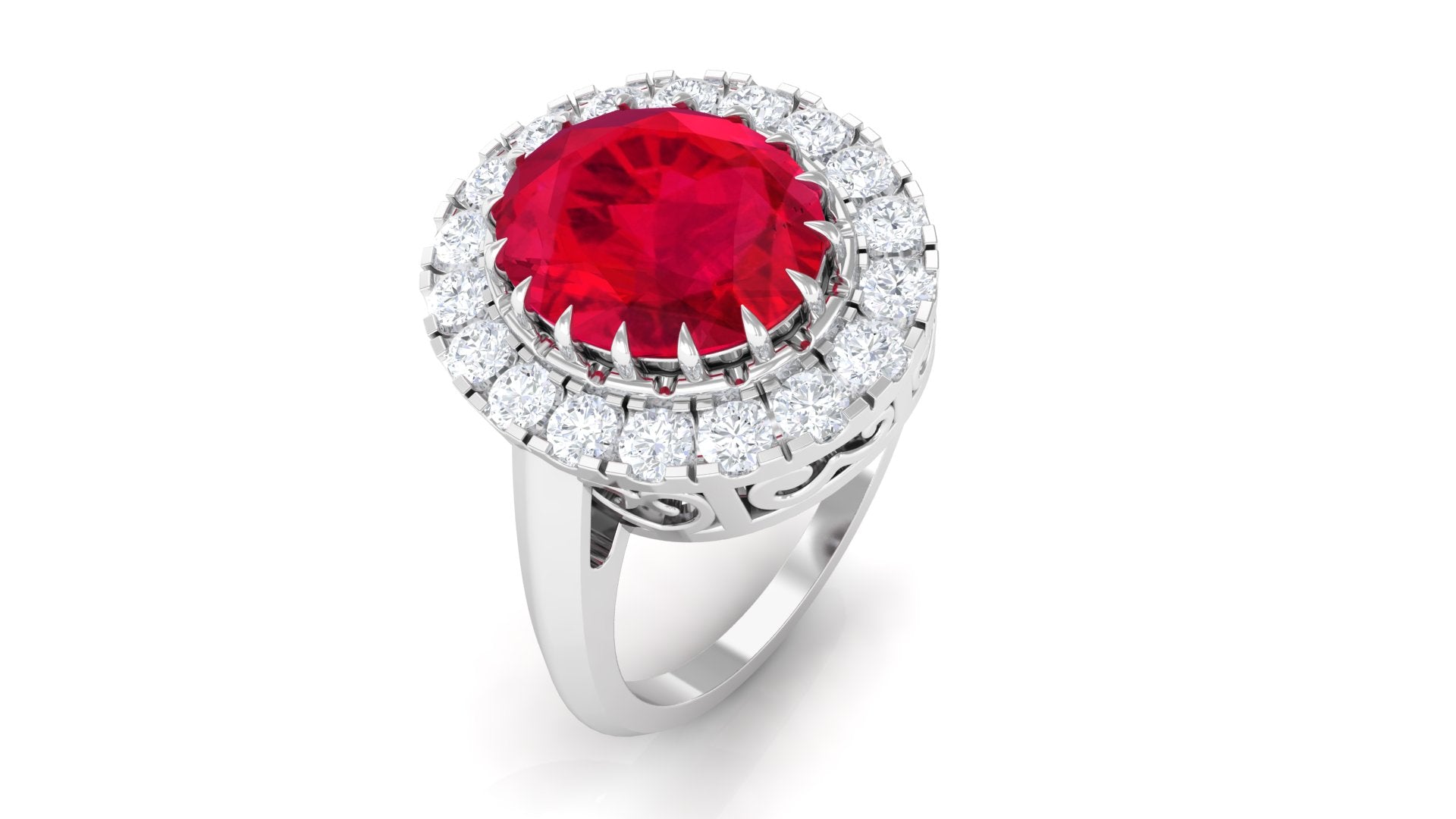 Oval Lab Grown Ruby and Moissanite Halo Engagement Ring Lab Created Ruby - ( AAAA ) - Quality - Rosec Jewels