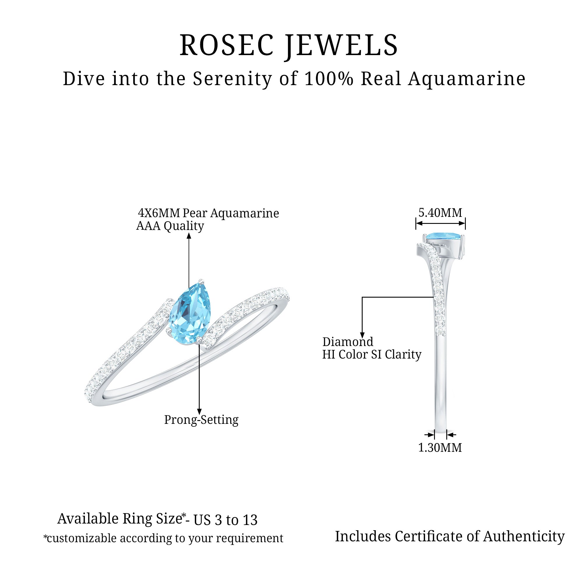 1/4 Carat Pear Aquamarine Bypass Promise Ring with Diamond Aquamarine - ( AAA ) - Quality - Rosec Jewels