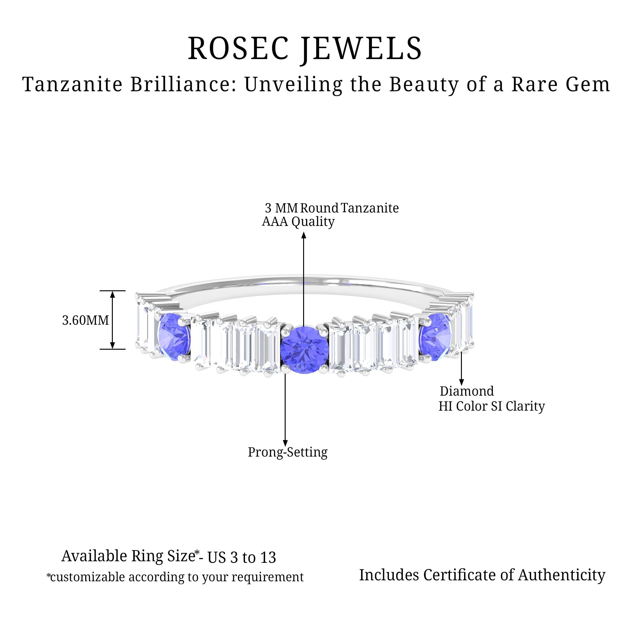 Classic Tanzanite and Diamond Half Eternity Band Ring Tanzanite - ( AAA ) - Quality - Rosec Jewels