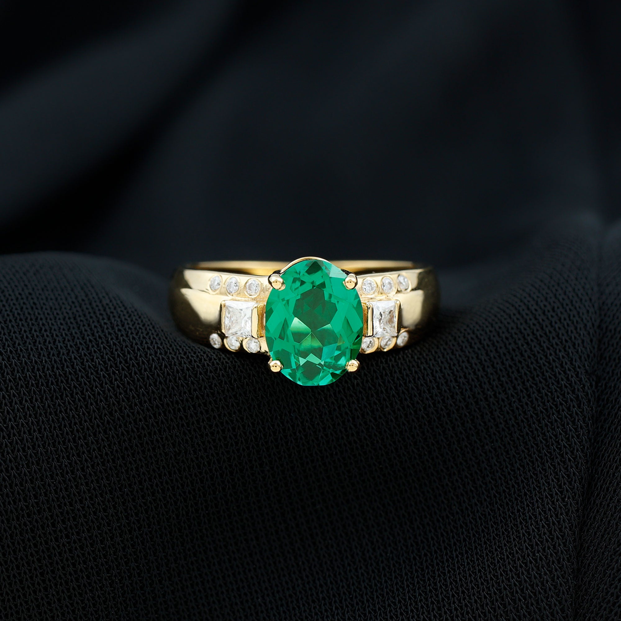 Oval Cut Solitaire Lab Grown Emerald Statement Engagement Ring with Diamond Lab Created Emerald - ( AAAA ) - Quality - Rosec Jewels