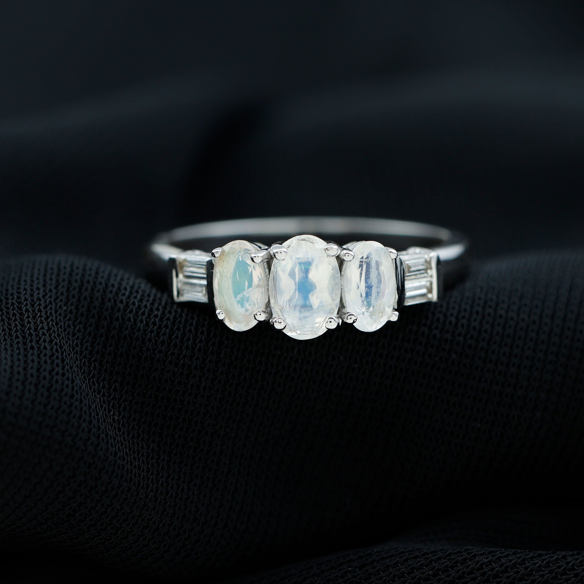 Oval Moonstone and Diamond 3 Stone Anniversary Ring Moonstone - ( AAA ) - Quality - Rosec Jewels