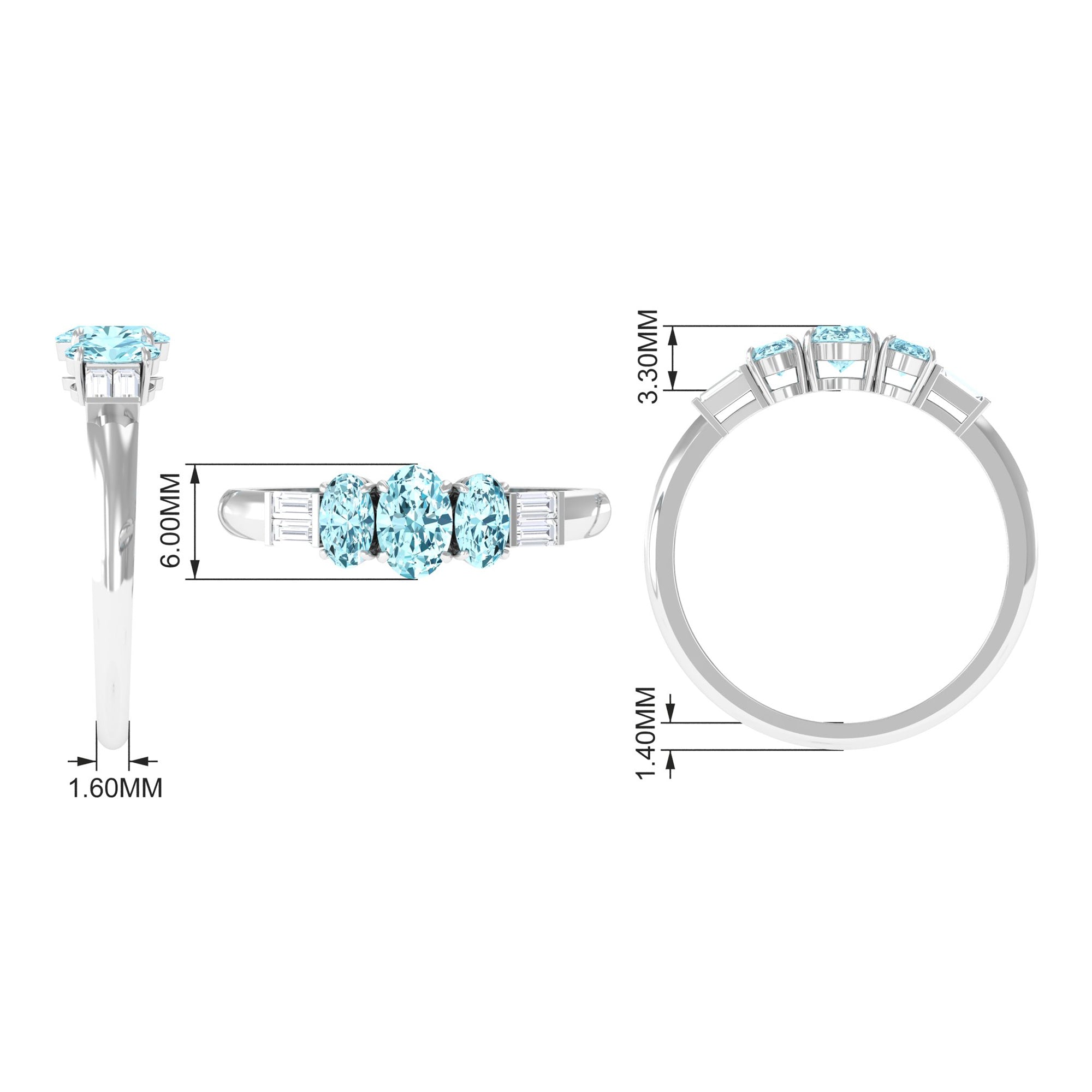 Oval Cut Aquamarine Three Stone Ring with Diamond Aquamarine - ( AAA ) - Quality - Rosec Jewels