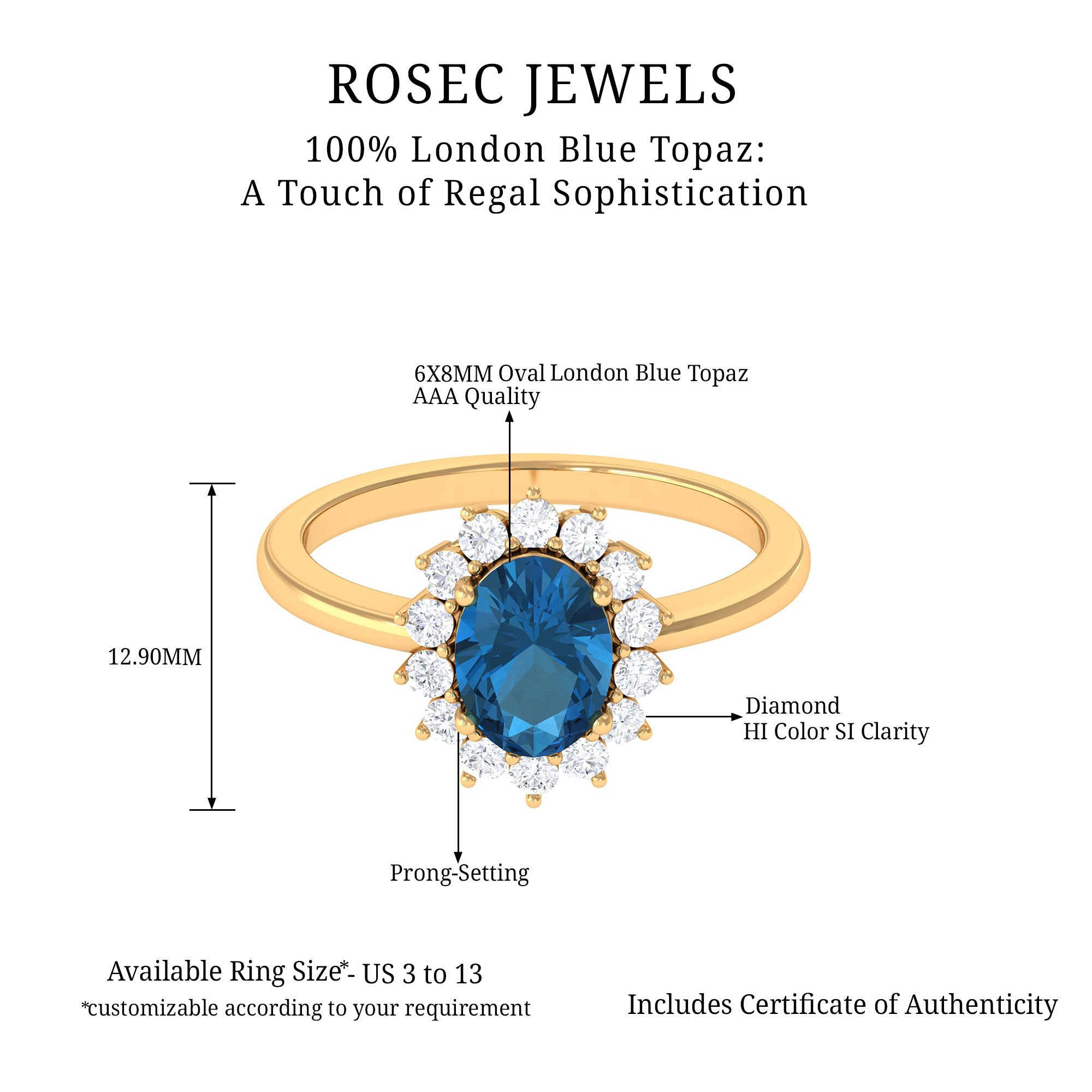 1.25 CT Princess Diana Inspired Oval Shape London Blue Topaz Engagement Ring Diamond Halo London Blue Topaz - ( AAA ) - Quality - Rosec Jewels