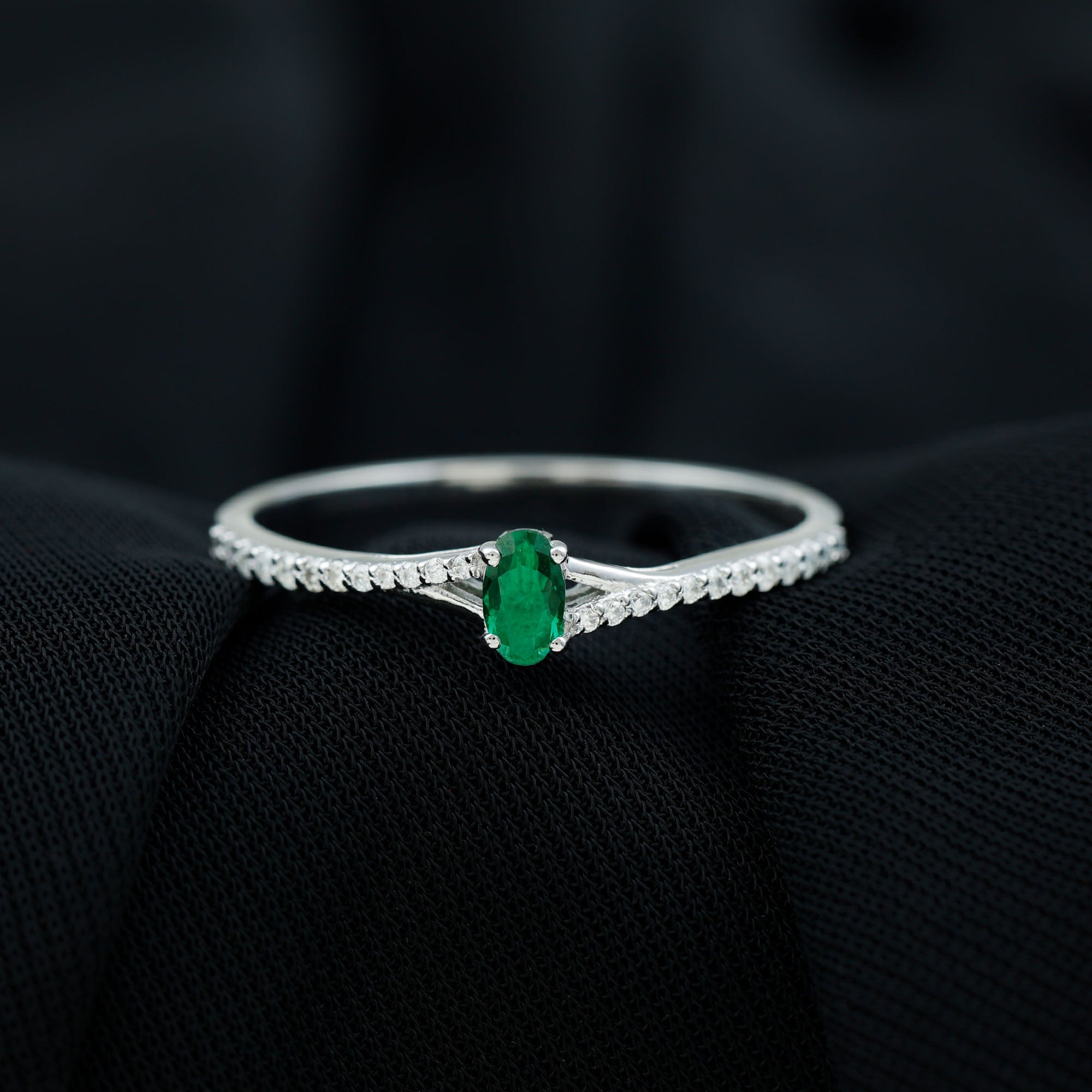 Oval Lab Grown Emerald Promise Ring with Diamond Split Shank Lab Created Emerald - ( AAAA ) - Quality - Rosec Jewels