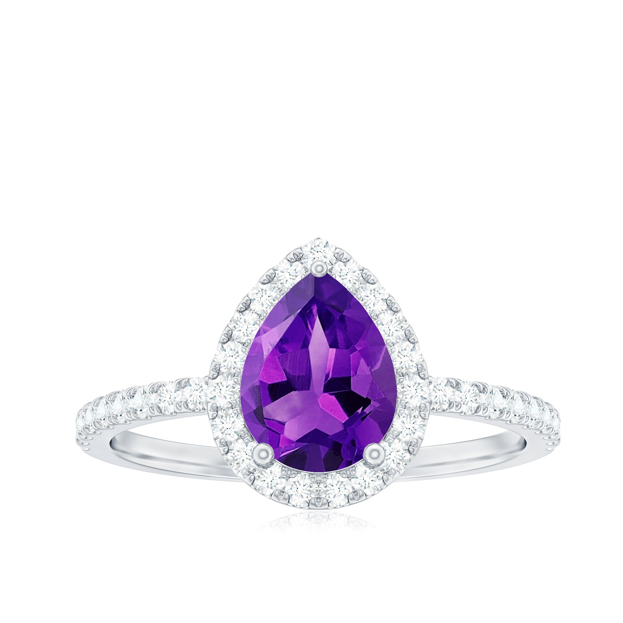 Natural Amethyst Teardrop Engagement Ring with Diamond Halo Amethyst - ( AAA ) - Quality - Rosec Jewels