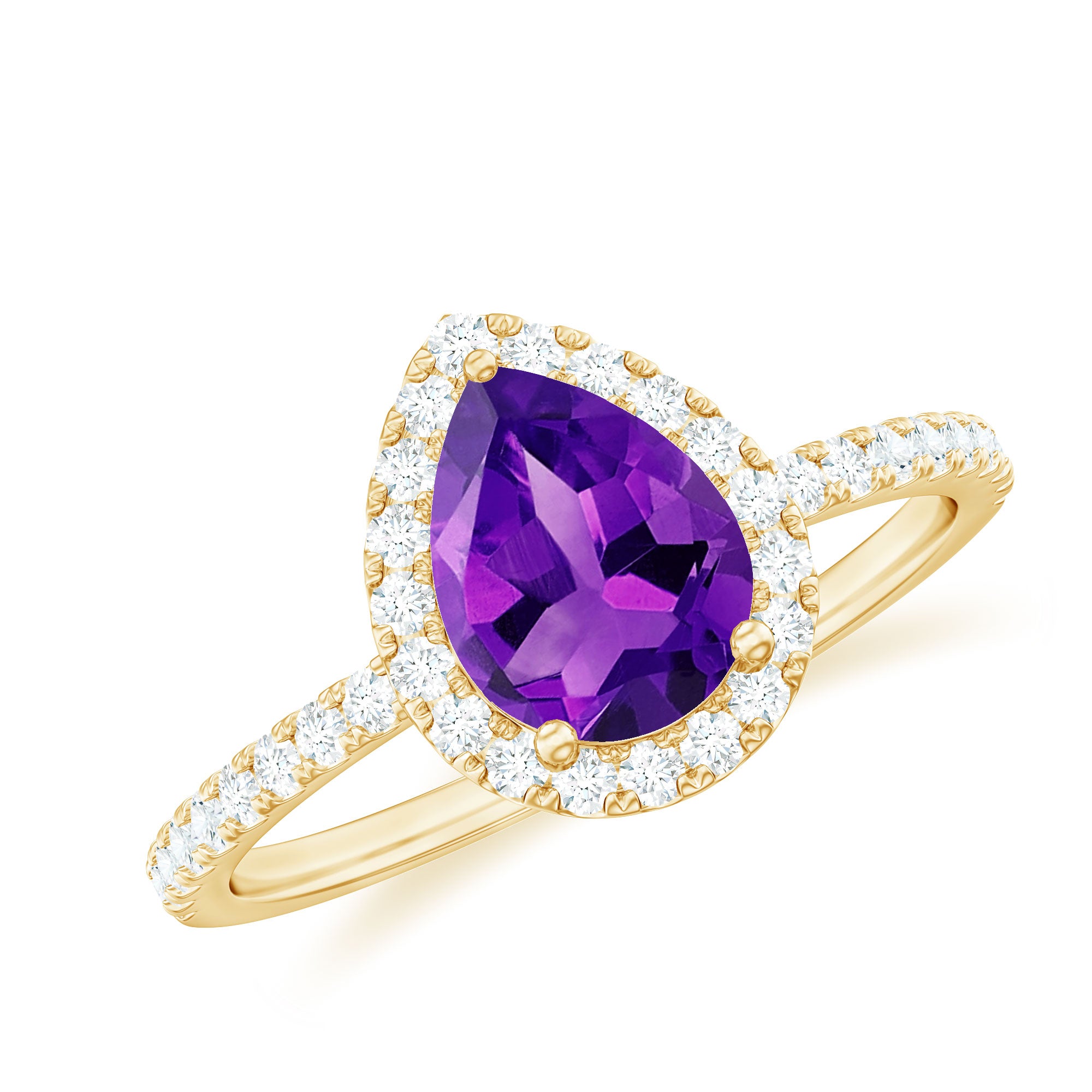 Natural Amethyst Teardrop Engagement Ring with Diamond Halo Amethyst - ( AAA ) - Quality - Rosec Jewels