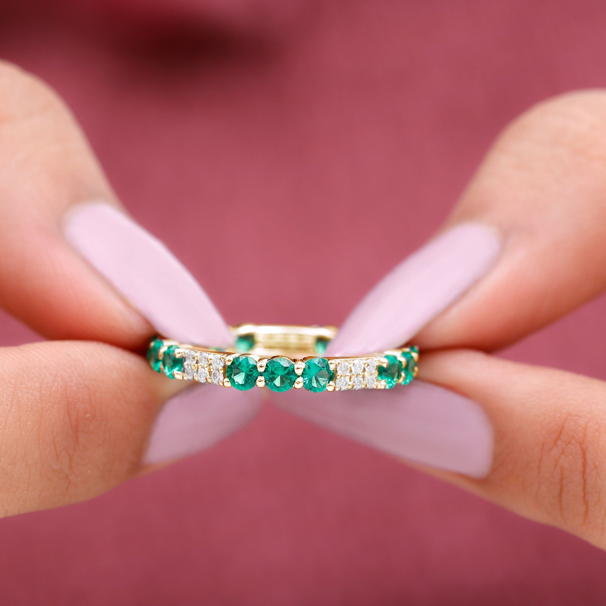 Lab Grown Emerald and Diamond Designer Full Eternity Ring Lab Created Emerald - ( AAAA ) - Quality - Rosec Jewels