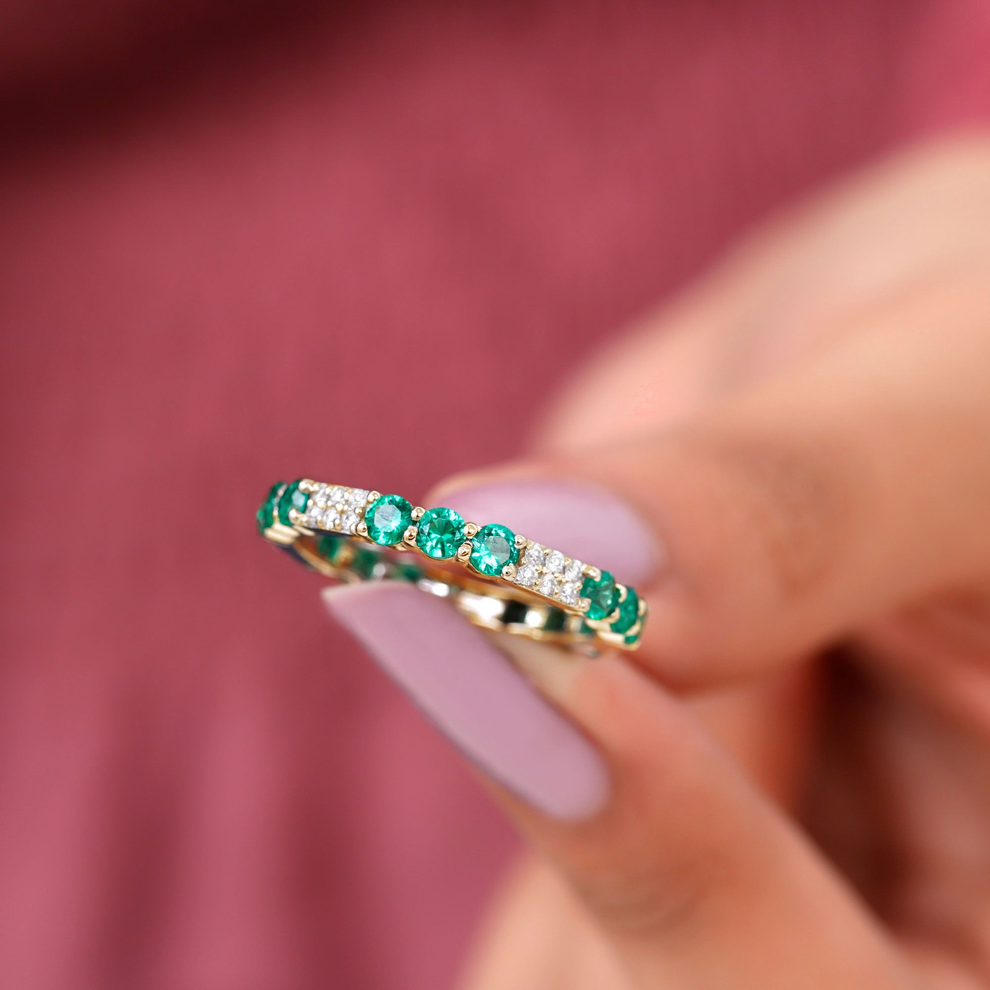 Lab Grown Emerald and Diamond Designer Full Eternity Ring Lab Created Emerald - ( AAAA ) - Quality - Rosec Jewels