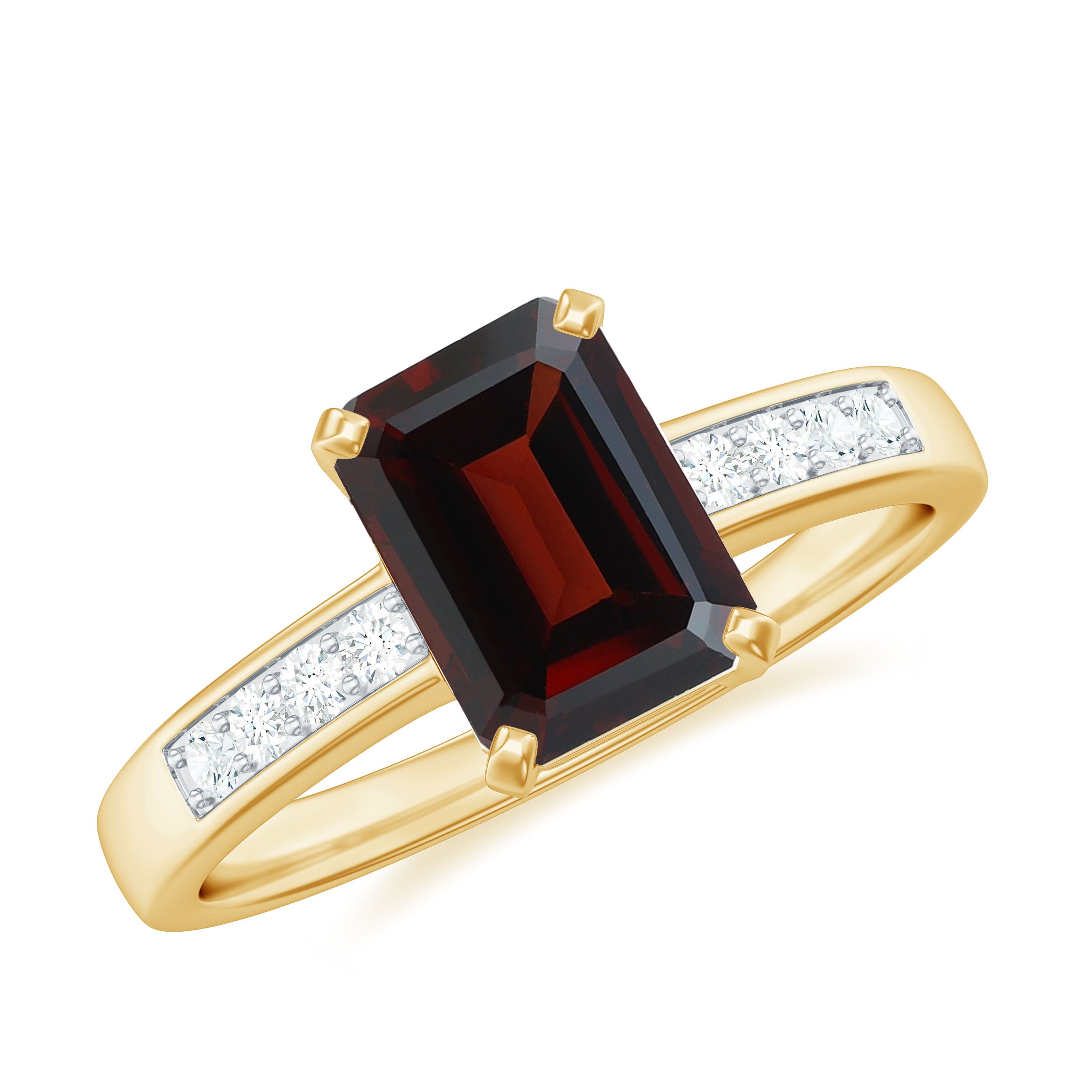 Octagon Cut Real Garnet Solitaire Ring with Diamond Garnet - ( AAA ) - Quality - Rosec Jewels