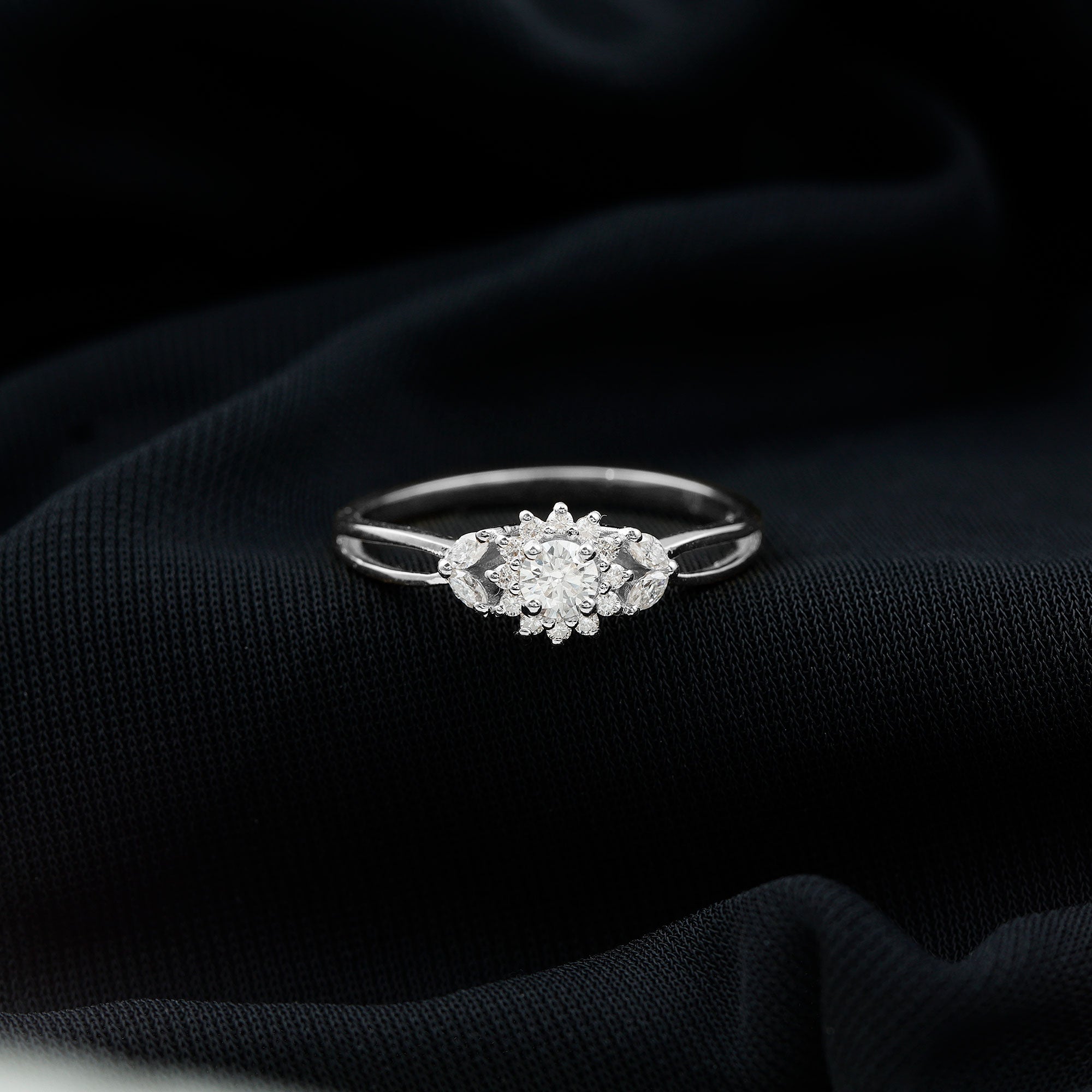 Moissanite Flower Engagement Ring with Split Shank Moissanite - ( D-VS1 ) - Color and Clarity - Rosec Jewels