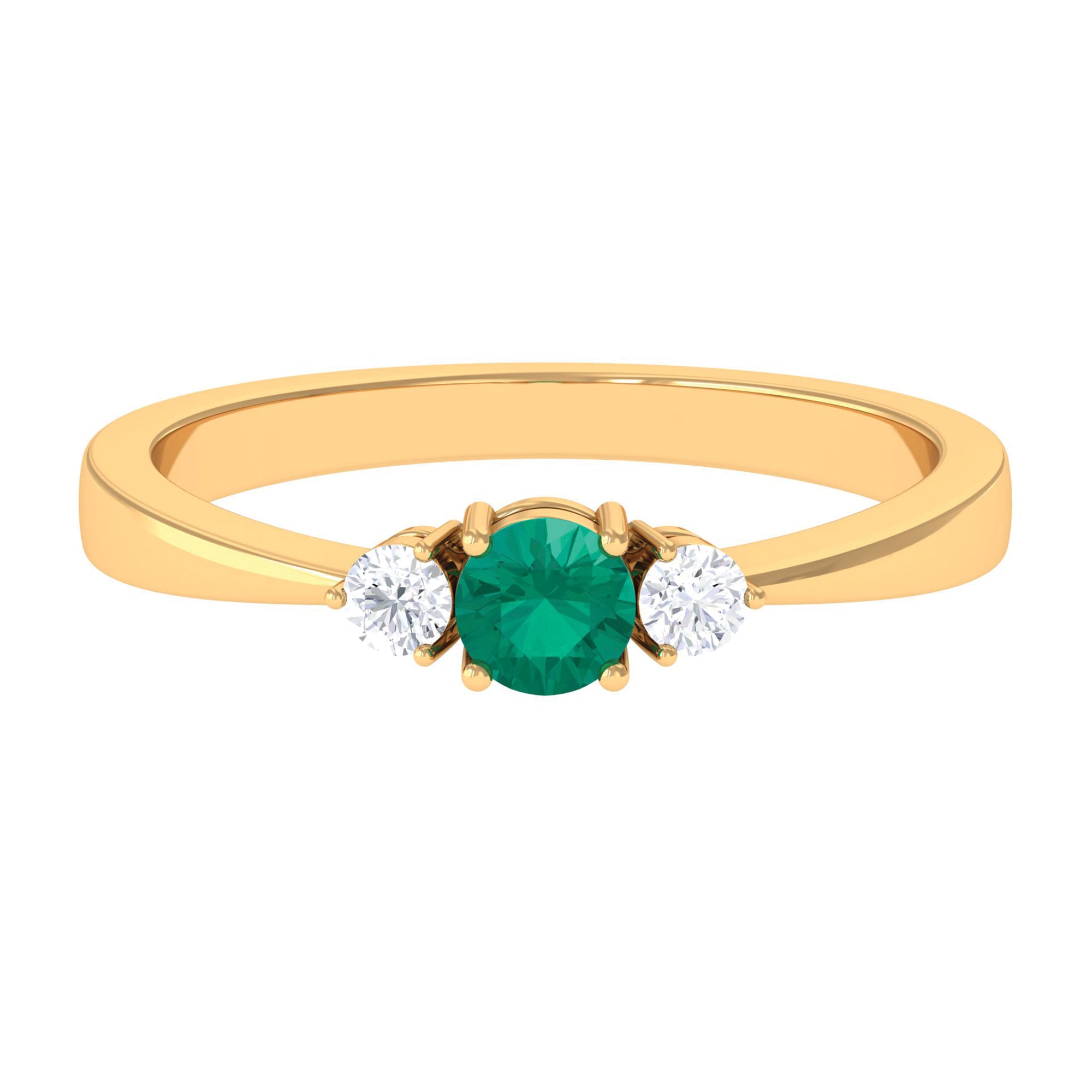 Round Shape Real Emerald and Diamond Three Stone Promise Ring Emerald - ( AAA ) - Quality - Rosec Jewels