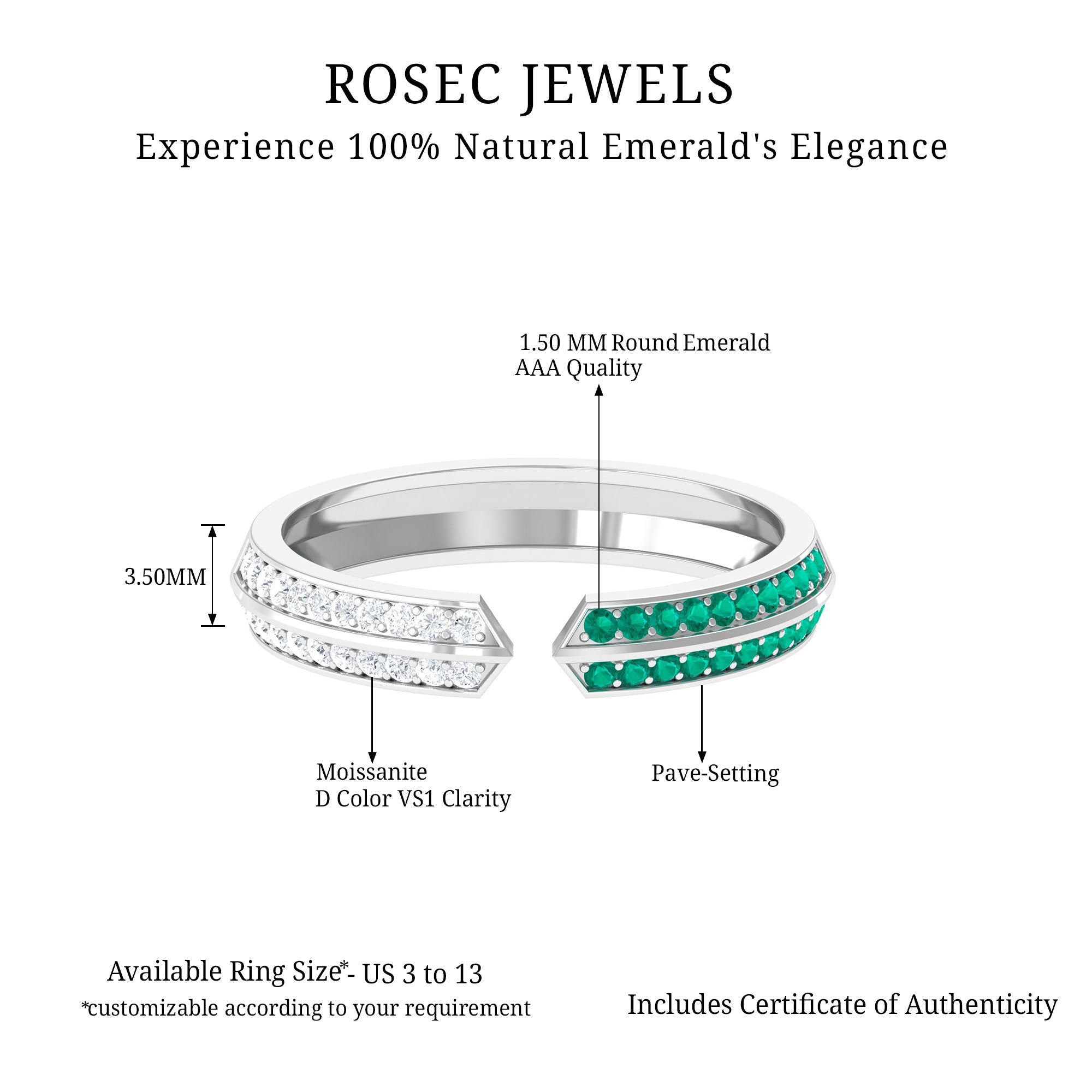 Emerald and Moissanite Contemporary Cuff Ring Emerald - ( AAA ) - Quality - Rosec Jewels