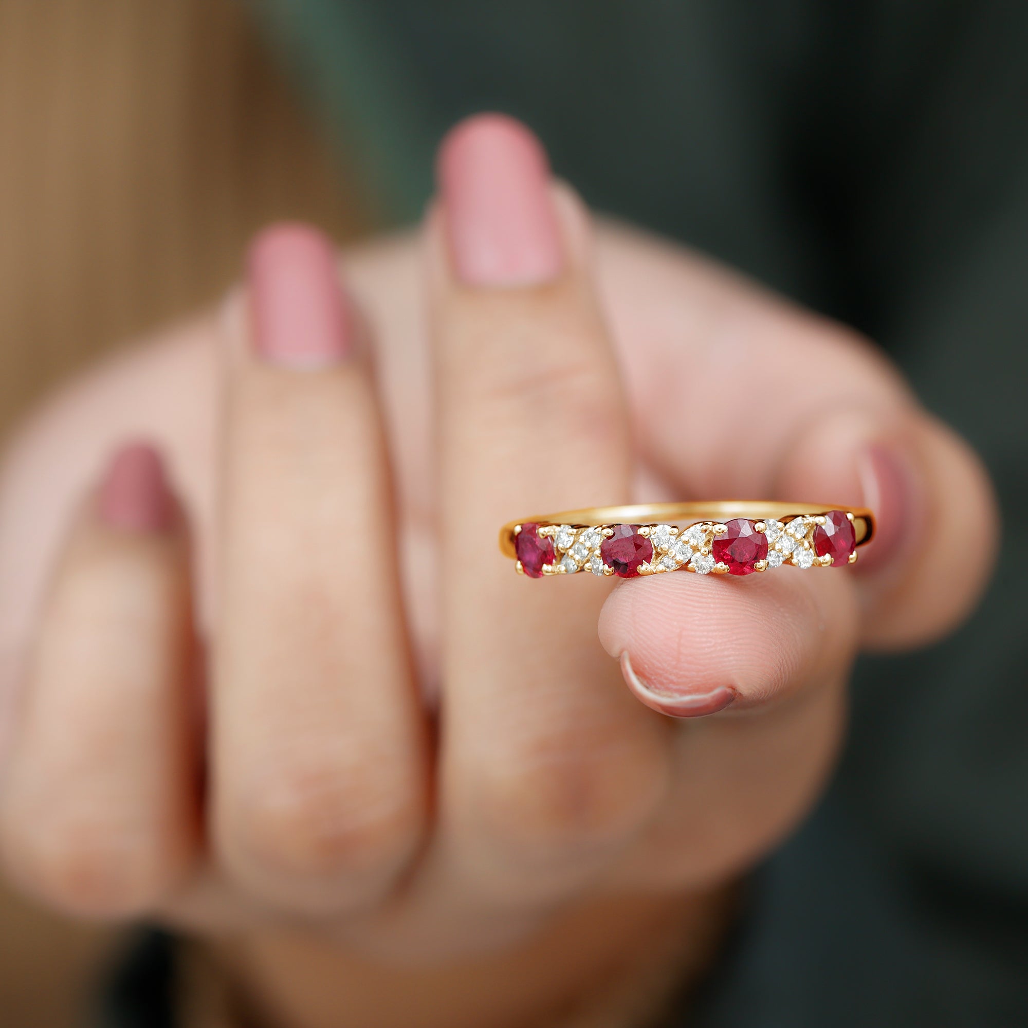 Elegant Ruby and Diamond Semi Eternity Band Ring Ruby - ( AAA ) - Quality - Rosec Jewels