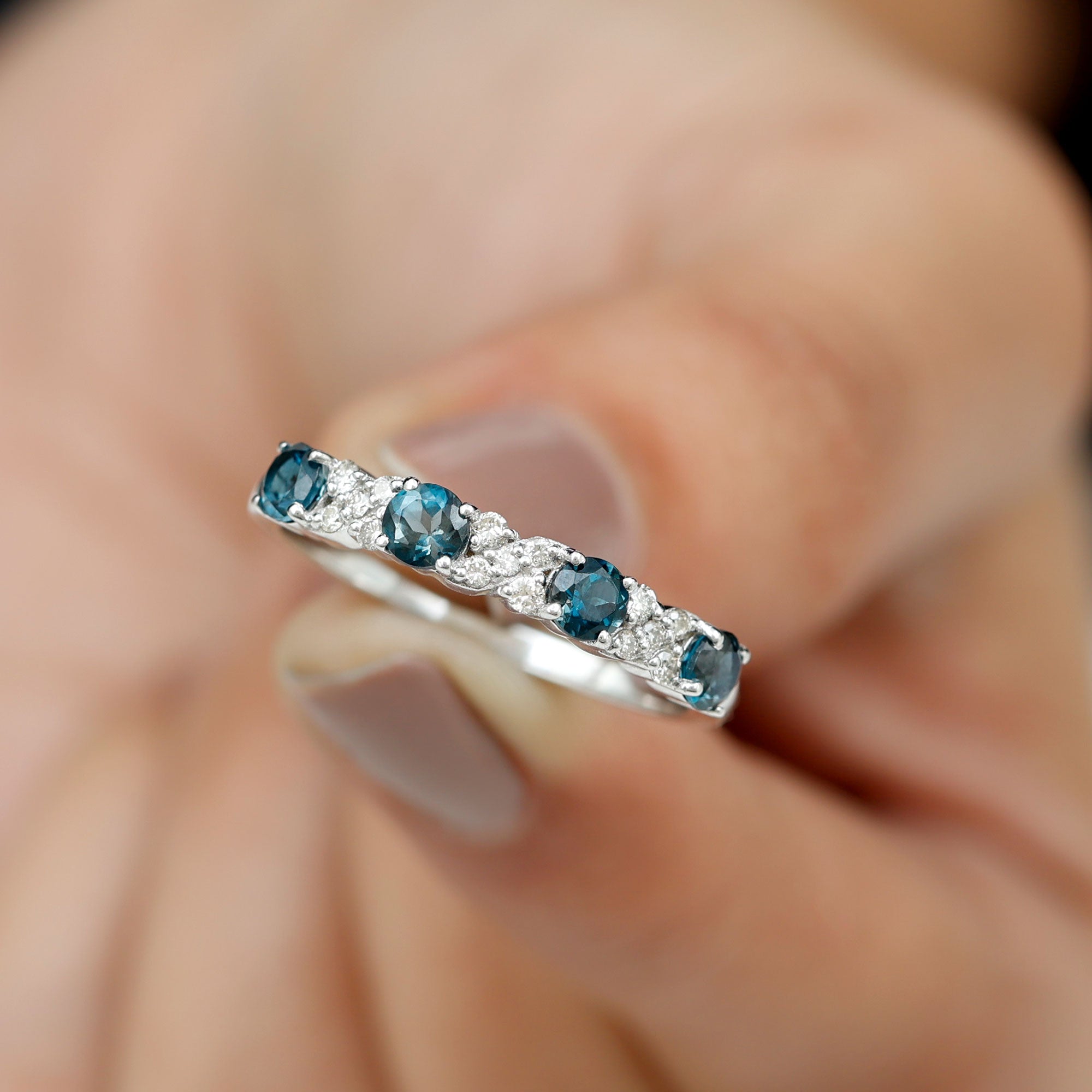 Elegant London Blue Topaz and Diamond Half Eternity Band Ring London Blue Topaz - ( AAA ) - Quality - Rosec Jewels