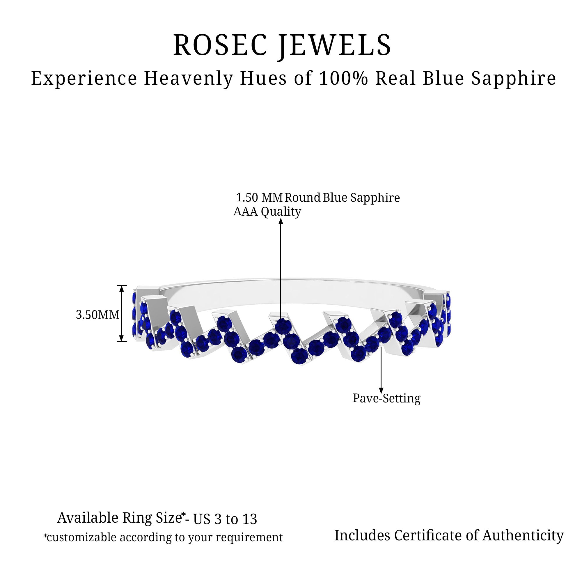 Real Blue Sapphire Zig Zag Semi Eternity Ring Blue Sapphire - ( AAA ) - Quality - Rosec Jewels