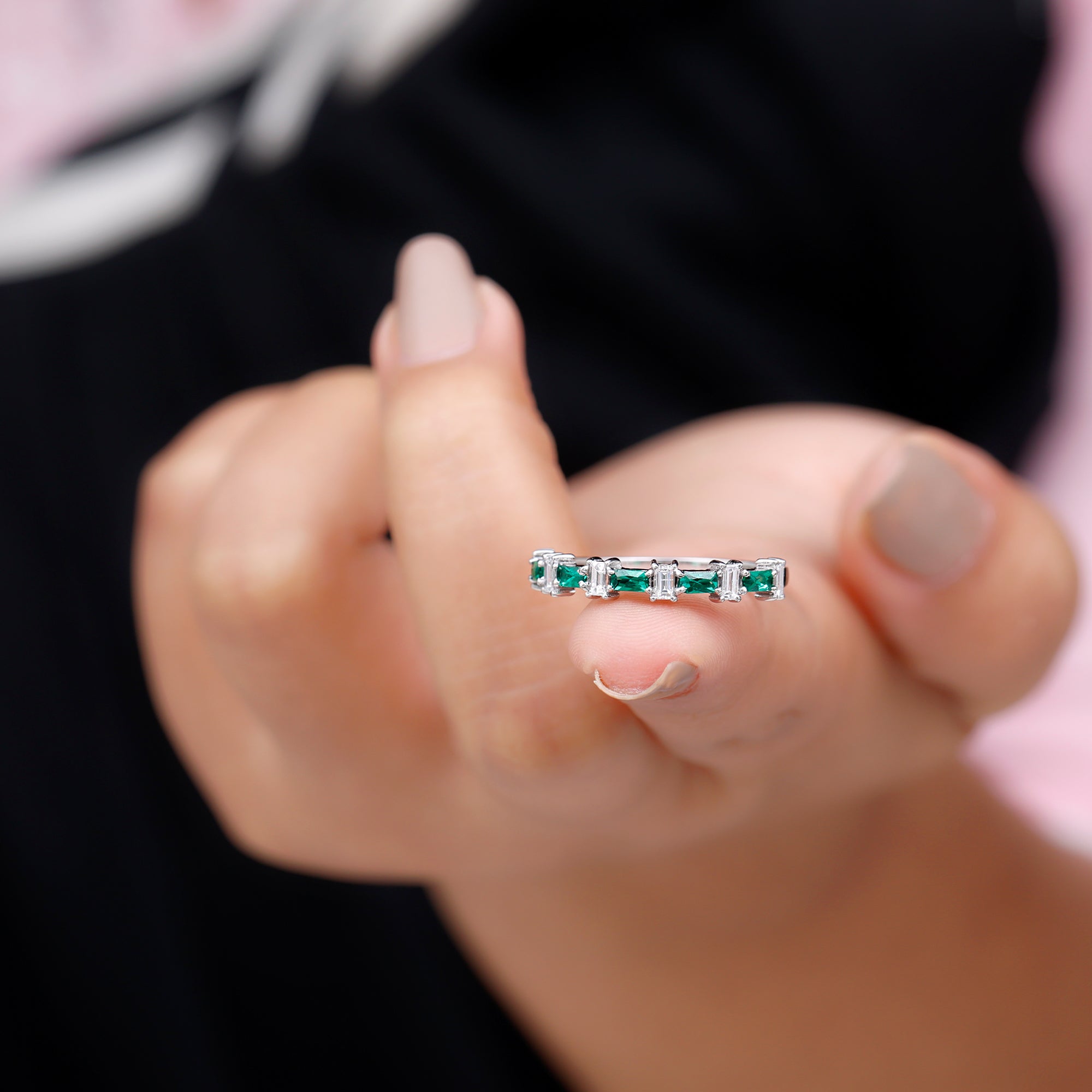 Baguette Cut Created Emerald and Diamond Half Eternity Ring Lab Created Emerald - ( AAAA ) - Quality - Rosec Jewels