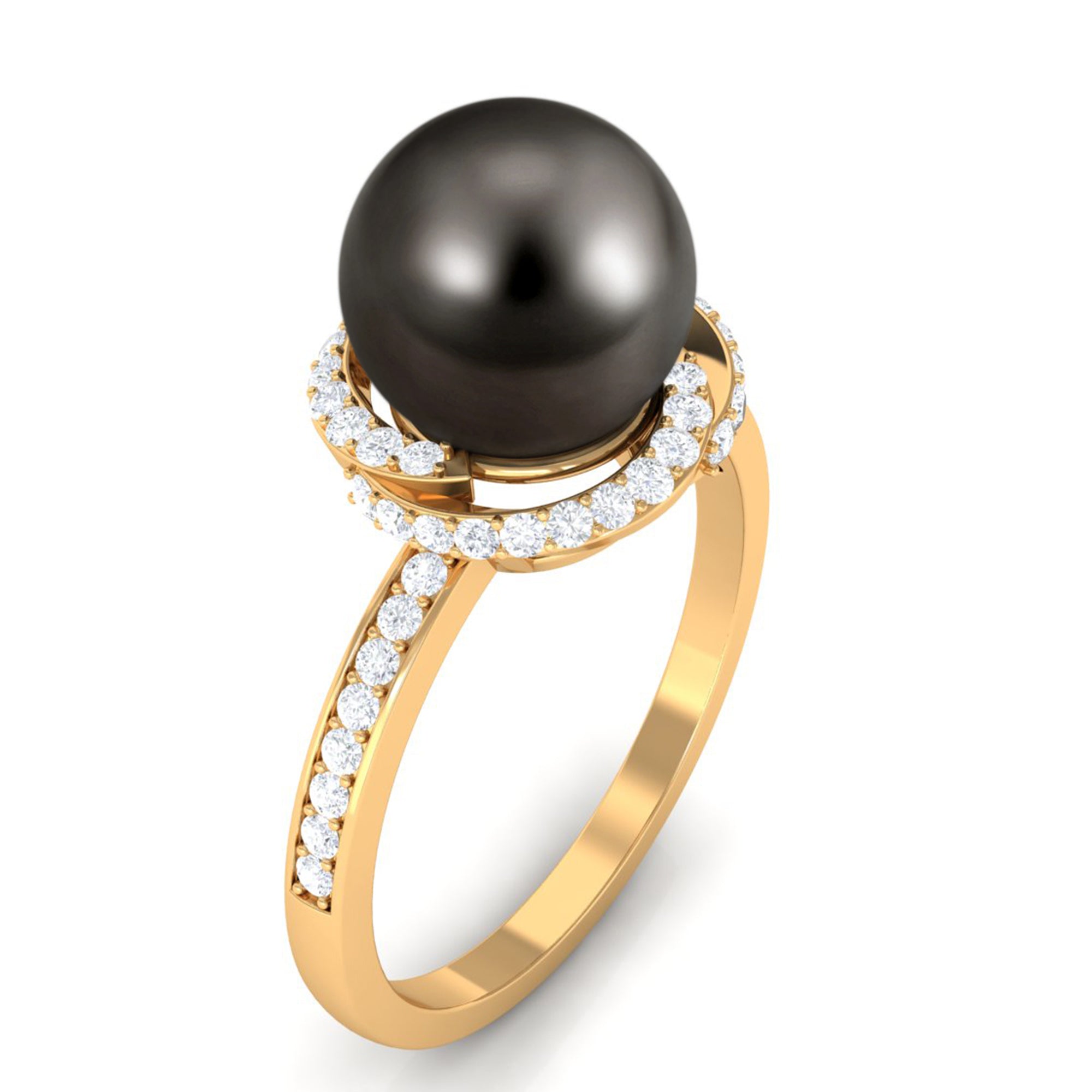 Simple Tahitian Pearl Solitaire Ring with Diamond Swirl Tahitian pearl - ( AAA ) - Quality - Rosec Jewels