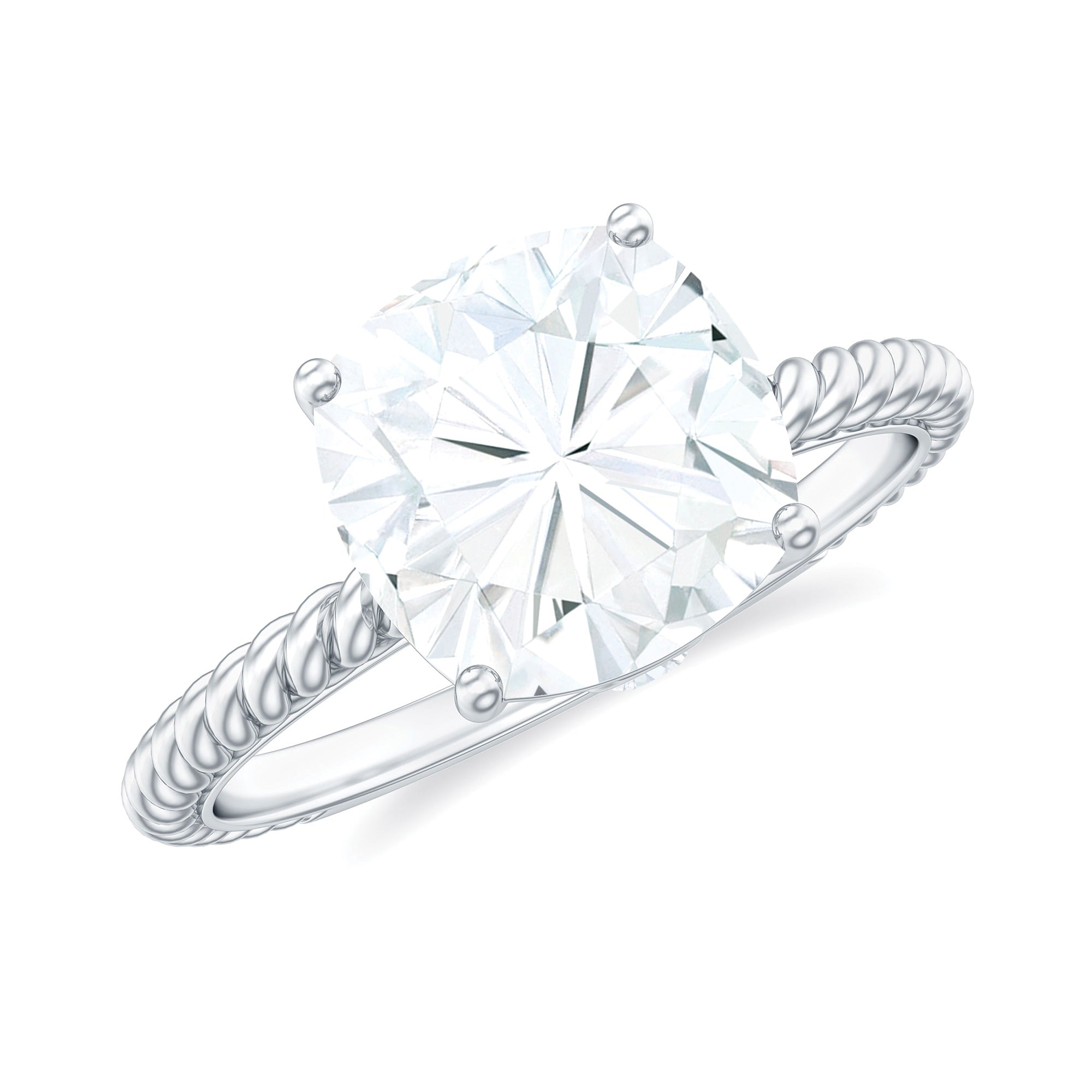 Cushion Cut Moissanite Solitaire Ring with Gold Twisted Rope Moissanite - ( D-VS1 ) - Color and Clarity - Rosec Jewels