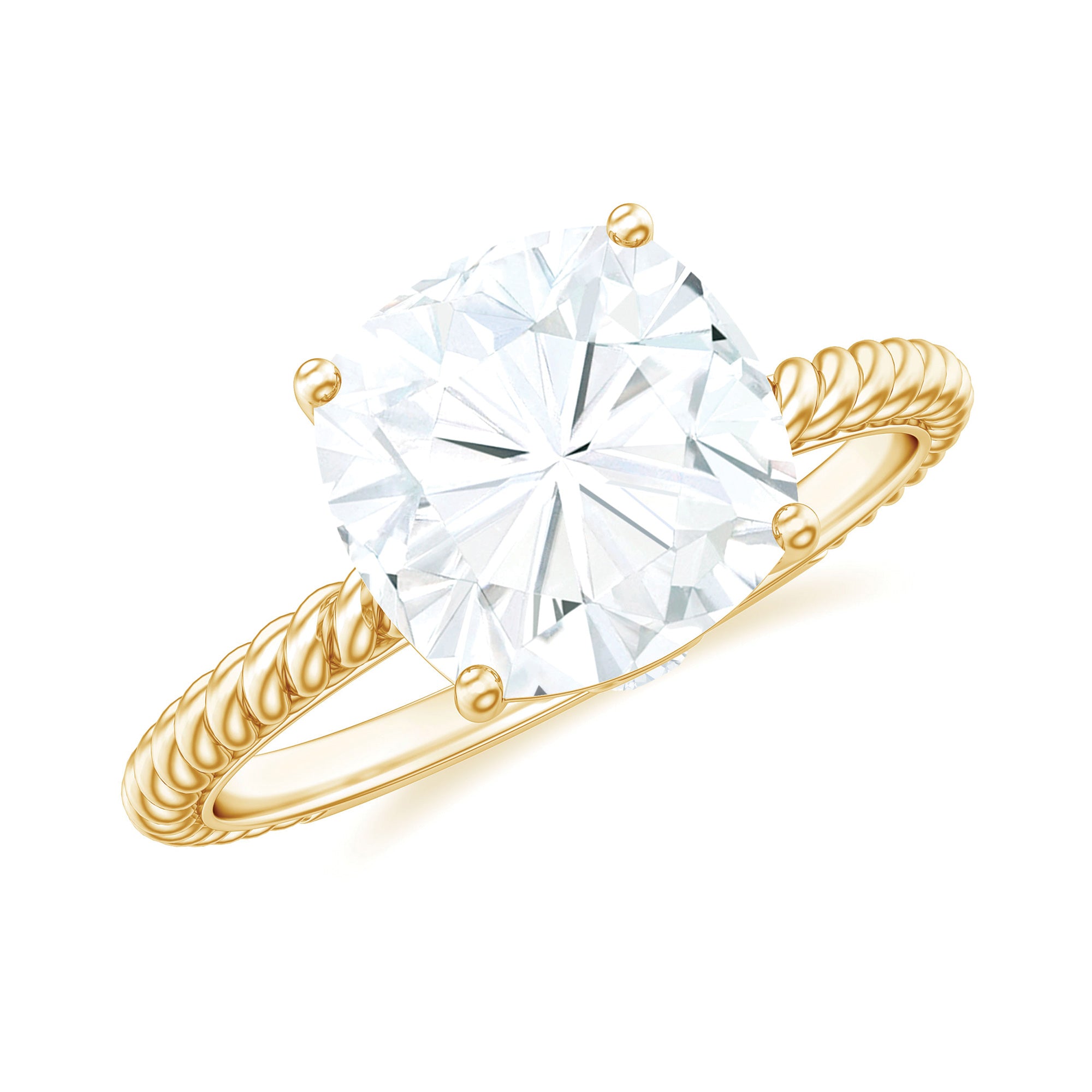 Cushion Cut Moissanite Solitaire Ring with Gold Twisted Rope Moissanite - ( D-VS1 ) - Color and Clarity - Rosec Jewels