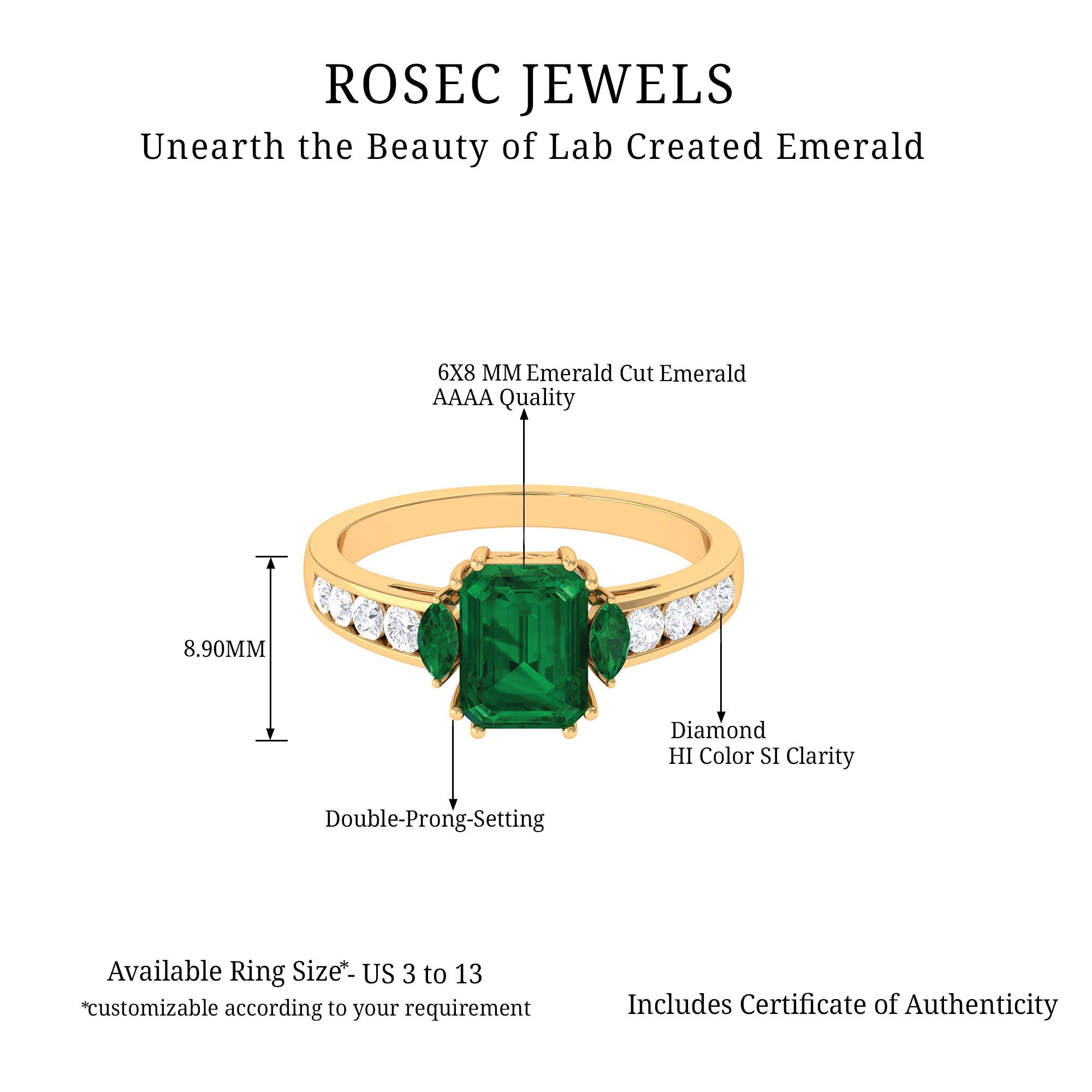 Created Emerald Cocktail Engagement Ring with Diamond Side Stones Lab Created Emerald - ( AAAA ) - Quality - Rosec Jewels