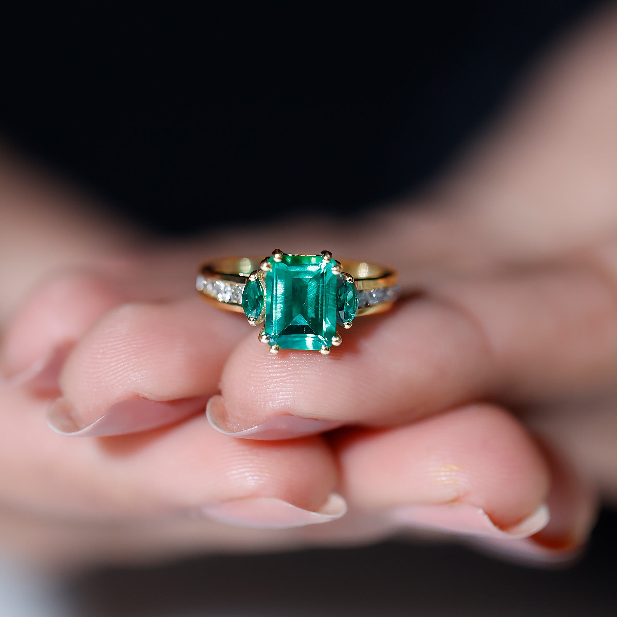 Created Emerald Cocktail Engagement Ring with Diamond Side Stones Lab Created Emerald - ( AAAA ) - Quality - Rosec Jewels