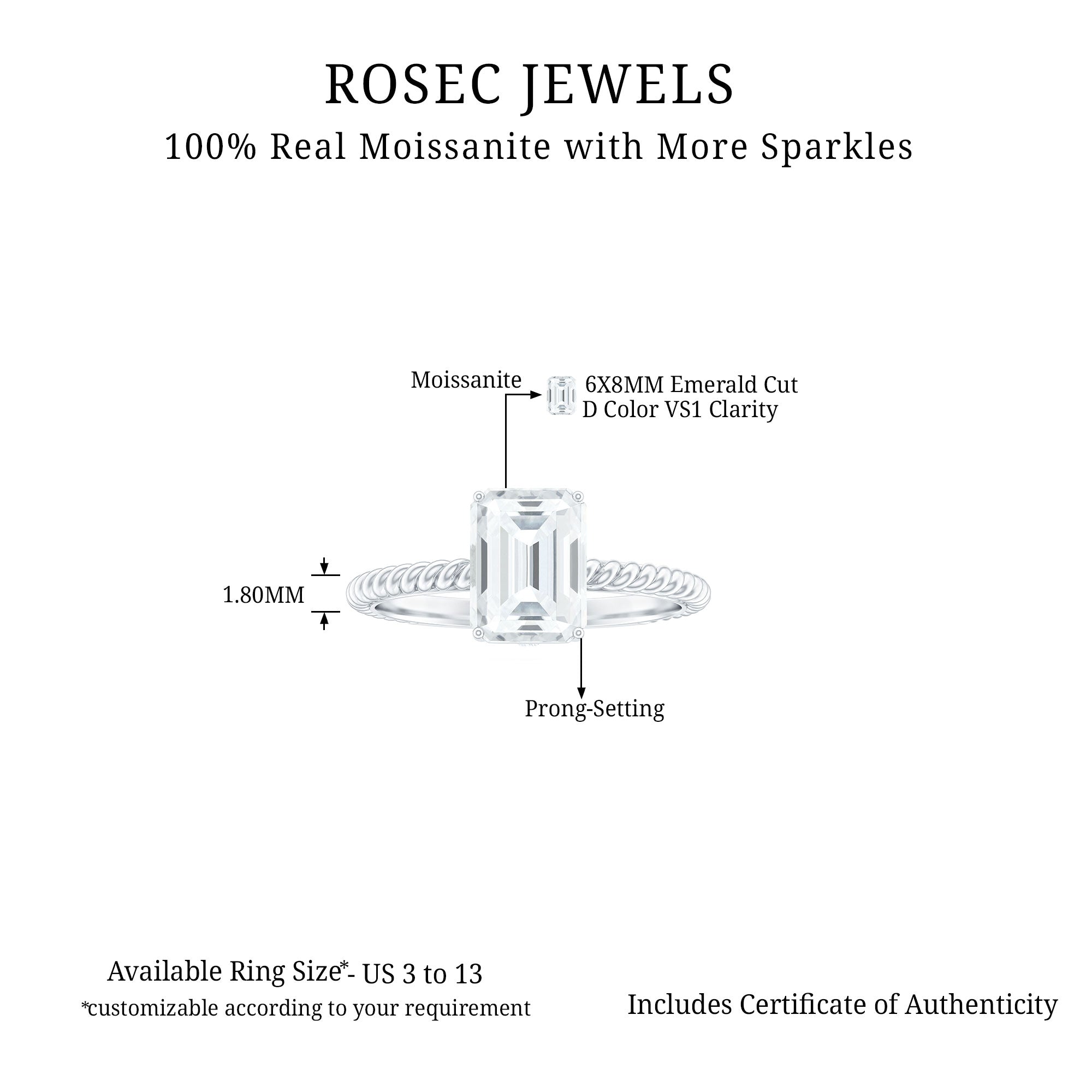 Emerald Cut Moissanite Solitaire Ring with Twisted Rope Design Moissanite - ( D-VS1 ) - Color and Clarity - Rosec Jewels