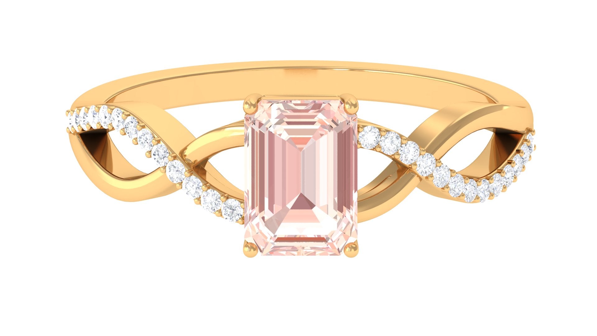 Emerald Cut Morganite Crossover Engagement Ring with Diamond Morganite - ( AAA ) - Quality - Rosec Jewels