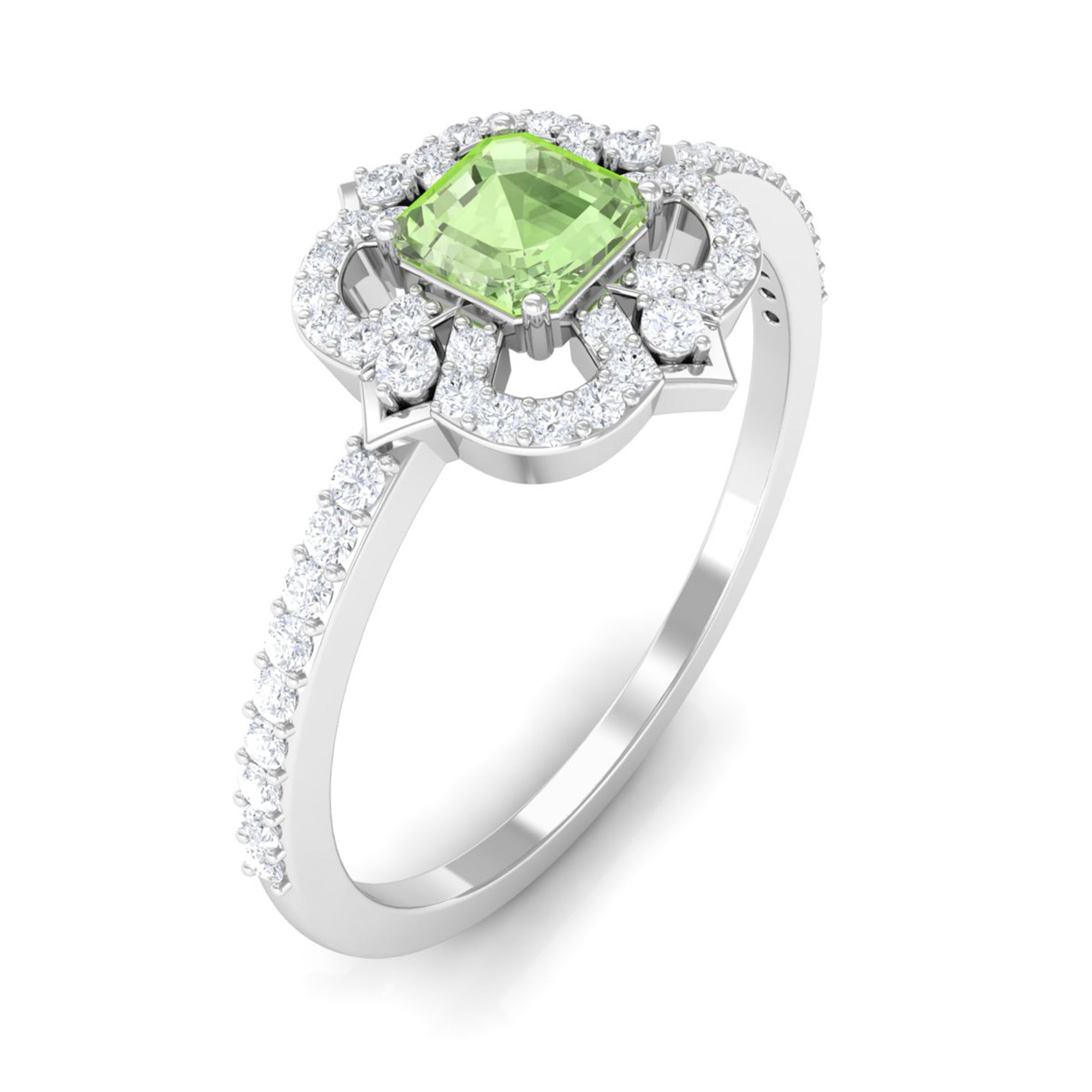 Asscher Cut Created Green Sapphire Statement Engagement Ring with Diamond Halo Lab Created Green Sapphire - ( AAAA ) - Quality - Rosec Jewels