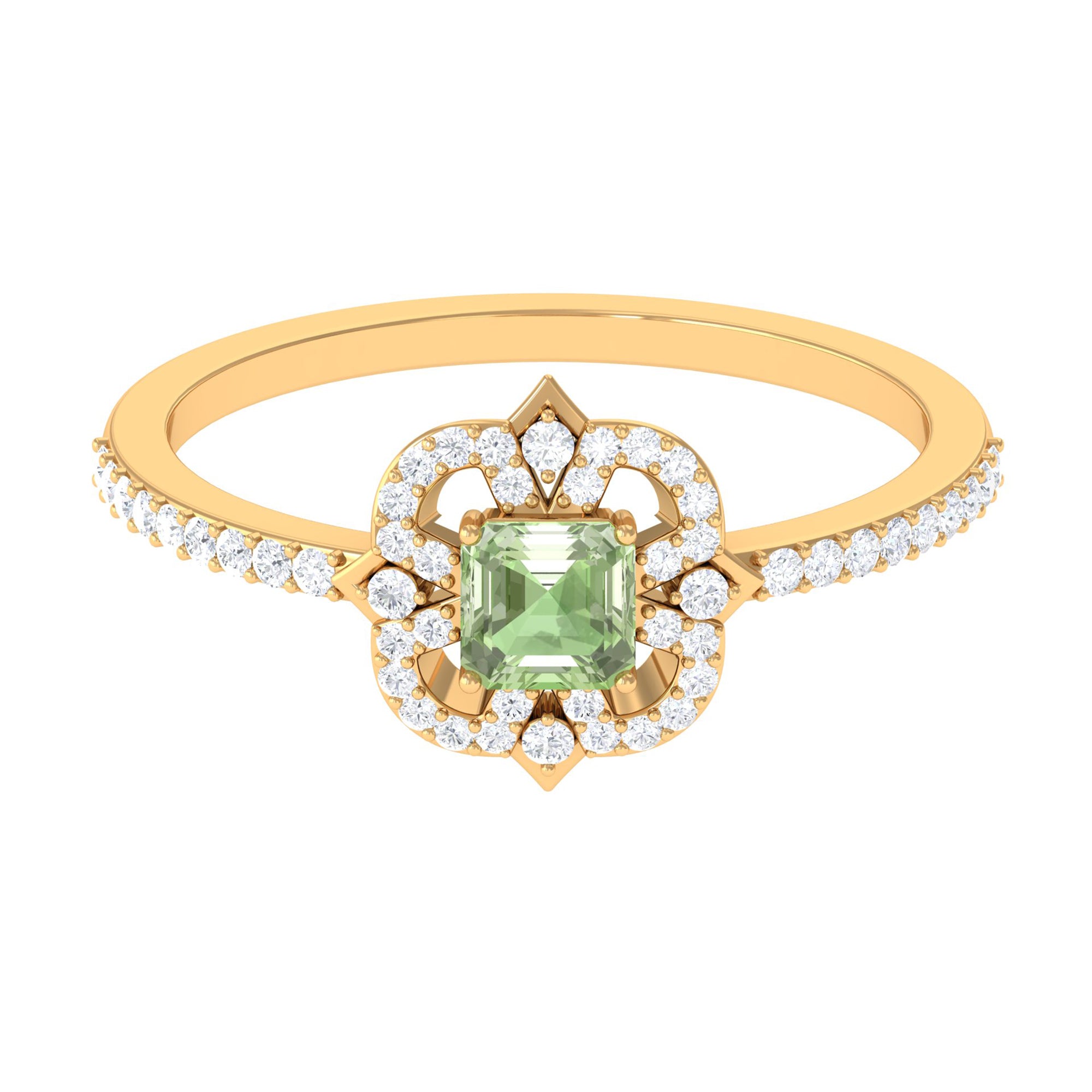 Asscher Cut Created Green Sapphire Statement Engagement Ring with Diamond Halo Lab Created Green Sapphire - ( AAAA ) - Quality - Rosec Jewels