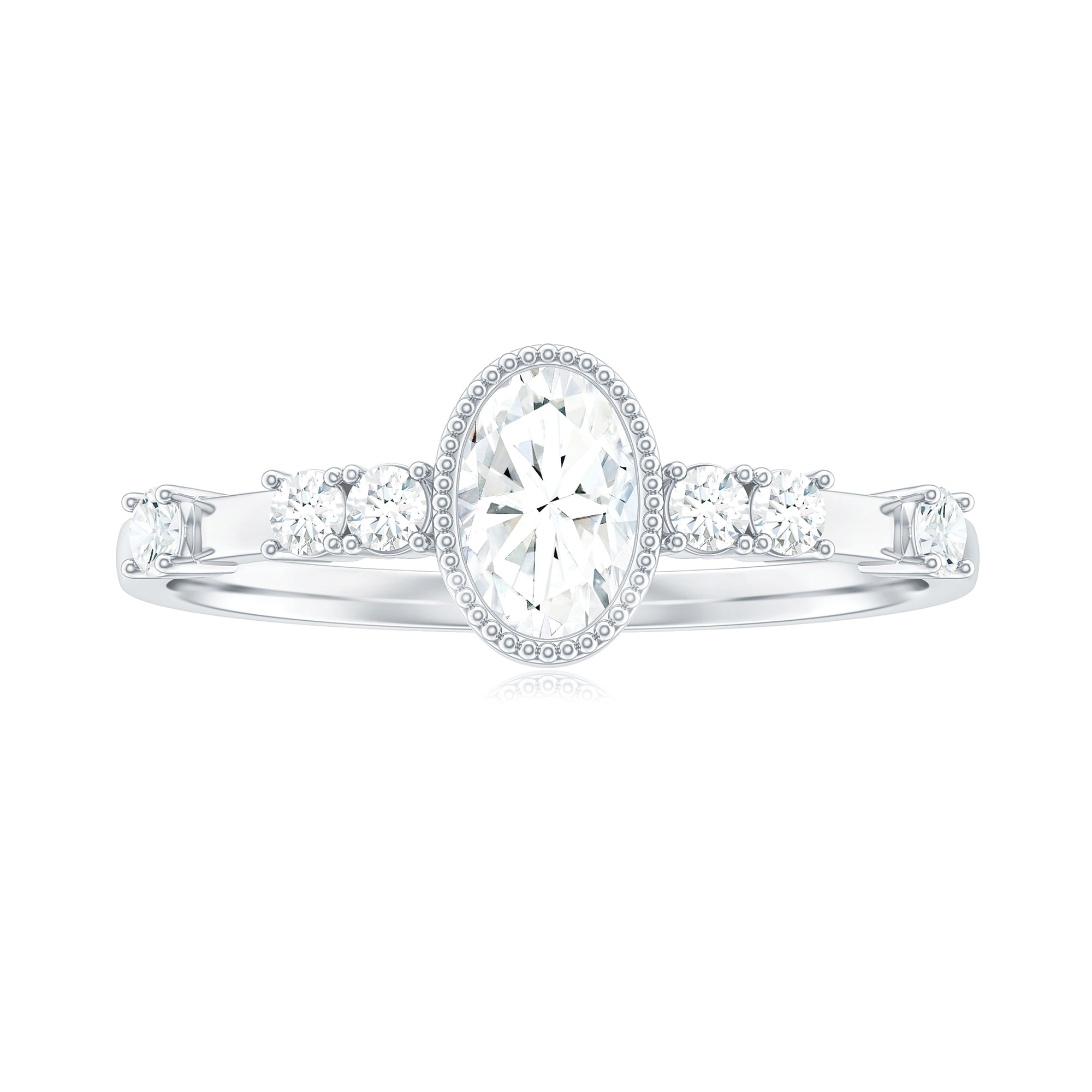 Oval Moissanite Solitaire Engagement Ring in Beaded Bezel Setting Moissanite - ( D-VS1 ) - Color and Clarity - Rosec Jewels