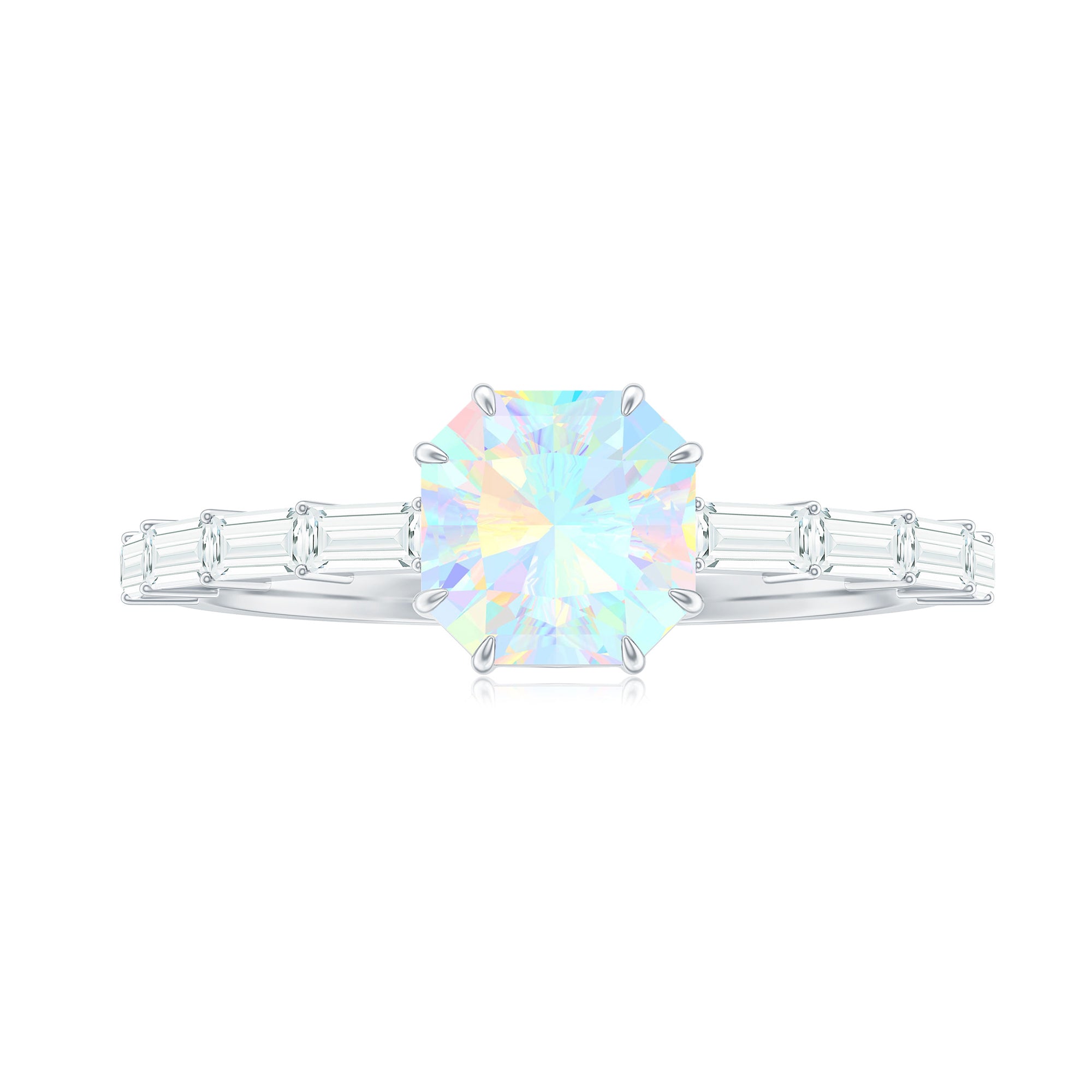 Asscher Cut Ethiopian Opal Solitaire Ring with Diamond Side Stones Ethiopian Opal - ( AAA ) - Quality - Rosec Jewels