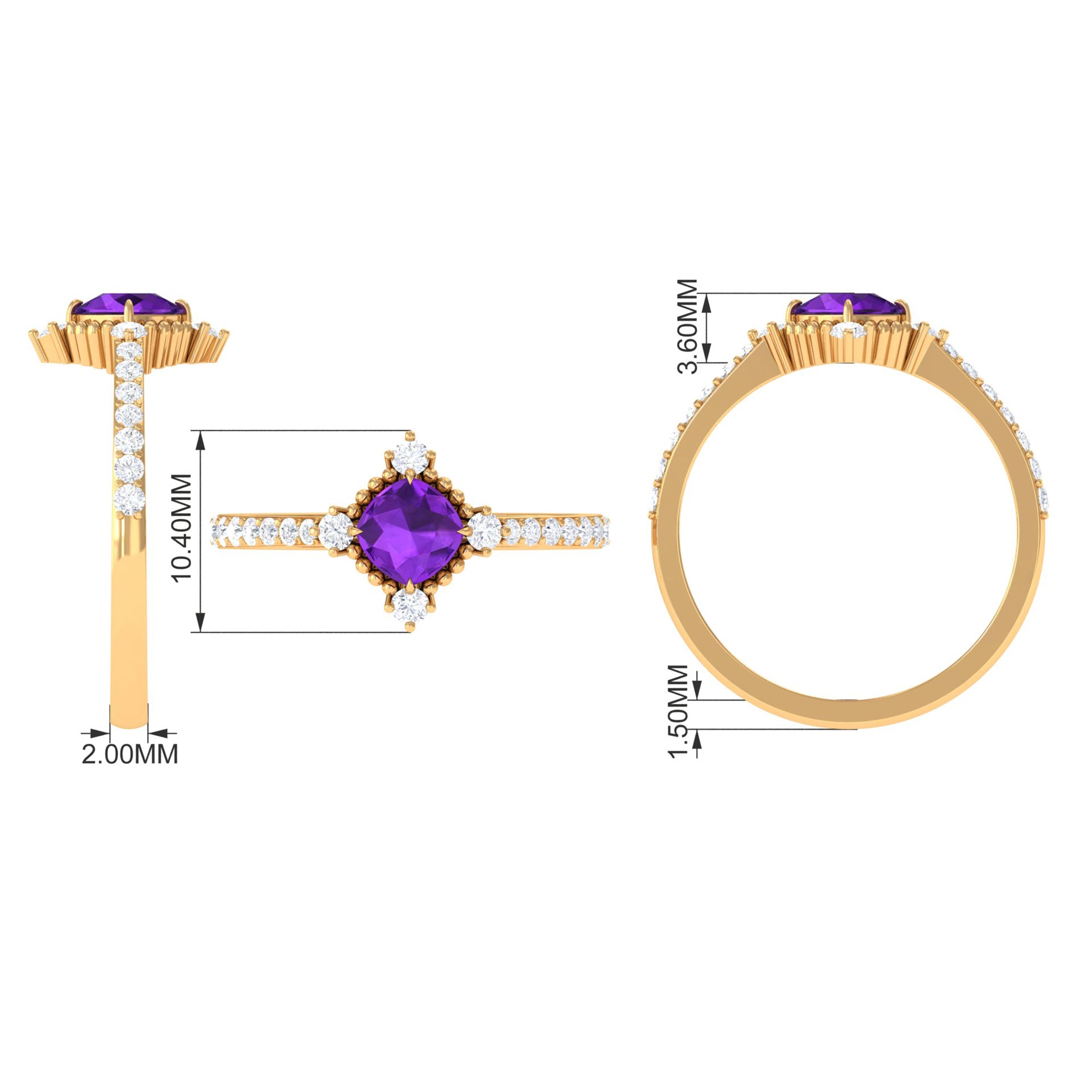 Cushion Amethyst Solitaire Engagement Ring with Diamond Side Stones Amethyst - ( AAA ) - Quality - Rosec Jewels