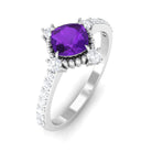 Cushion Amethyst Solitaire Engagement Ring with Diamond Side Stones Amethyst - ( AAA ) - Quality - Rosec Jewels