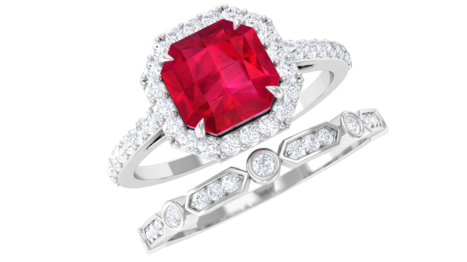 Asscher Created Ruby Stackable Ring Set Lab Created Ruby - ( AAAA ) - Quality - Rosec Jewels