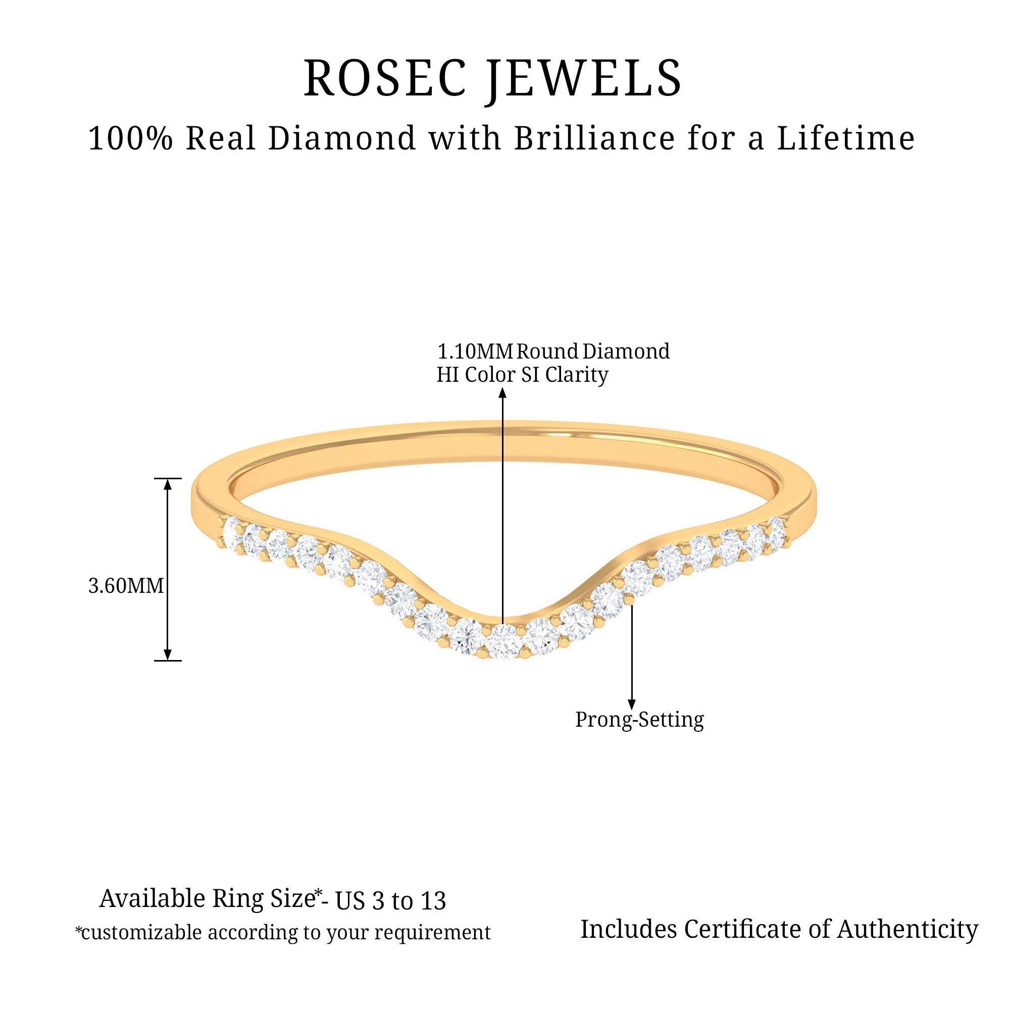 Real Diamond Curved Enhancer for Engagement Ring in Gold Diamond - ( HI-SI ) - Color and Clarity - Rosec Jewels