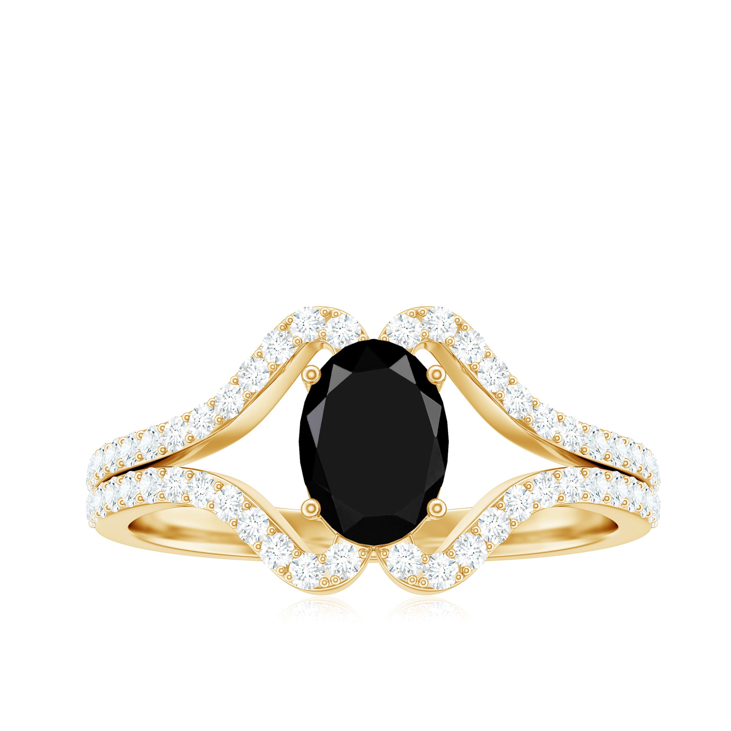 Oval Cut Black Spinel and Diamond Split Shank Ring Black Spinel - ( AAA ) - Quality - Rosec Jewels