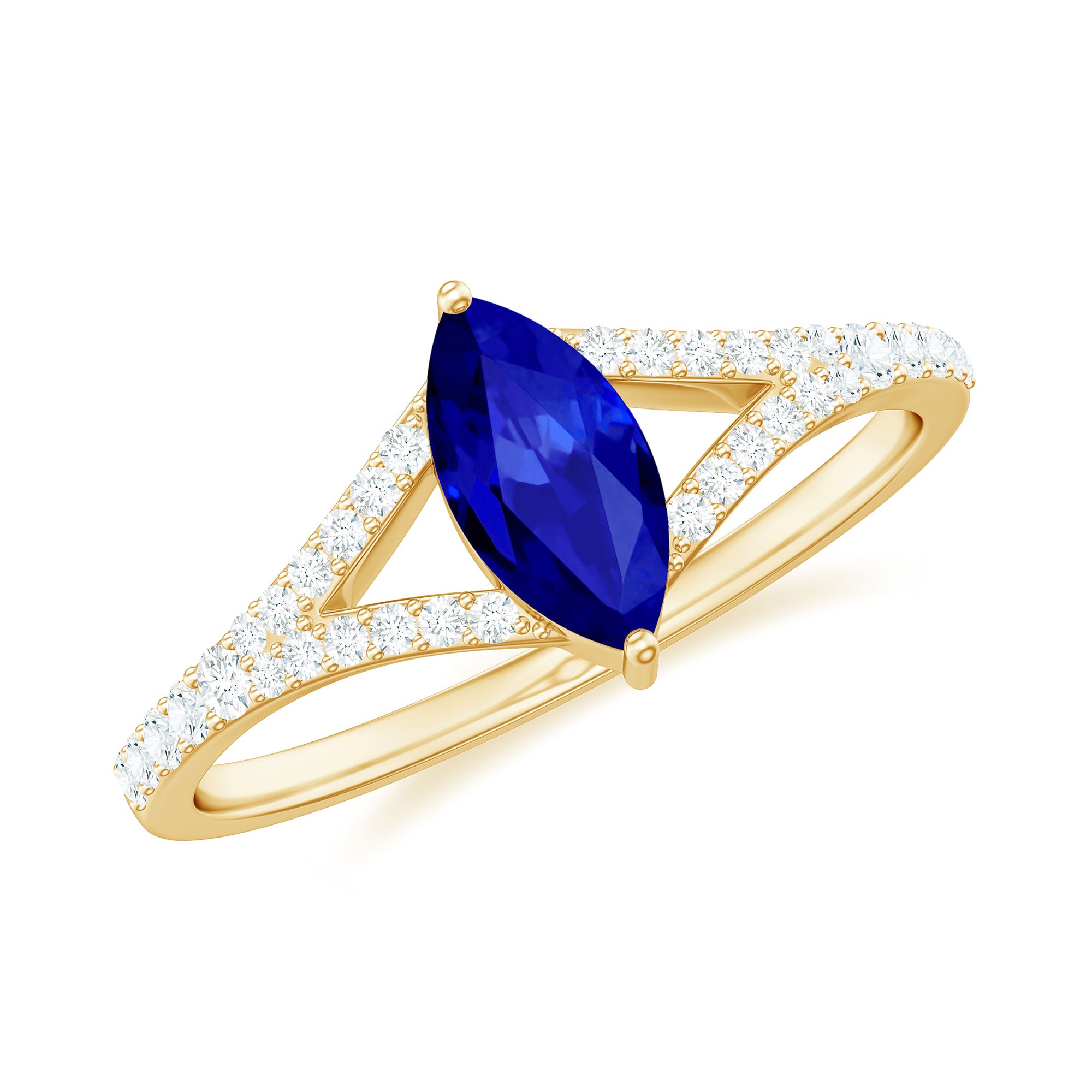 Marquise Cut Created Blue Sapphire and Diamond Ring with Split Shank Lab Created Blue Sapphire - ( AAAA ) - Quality - Rosec Jewels