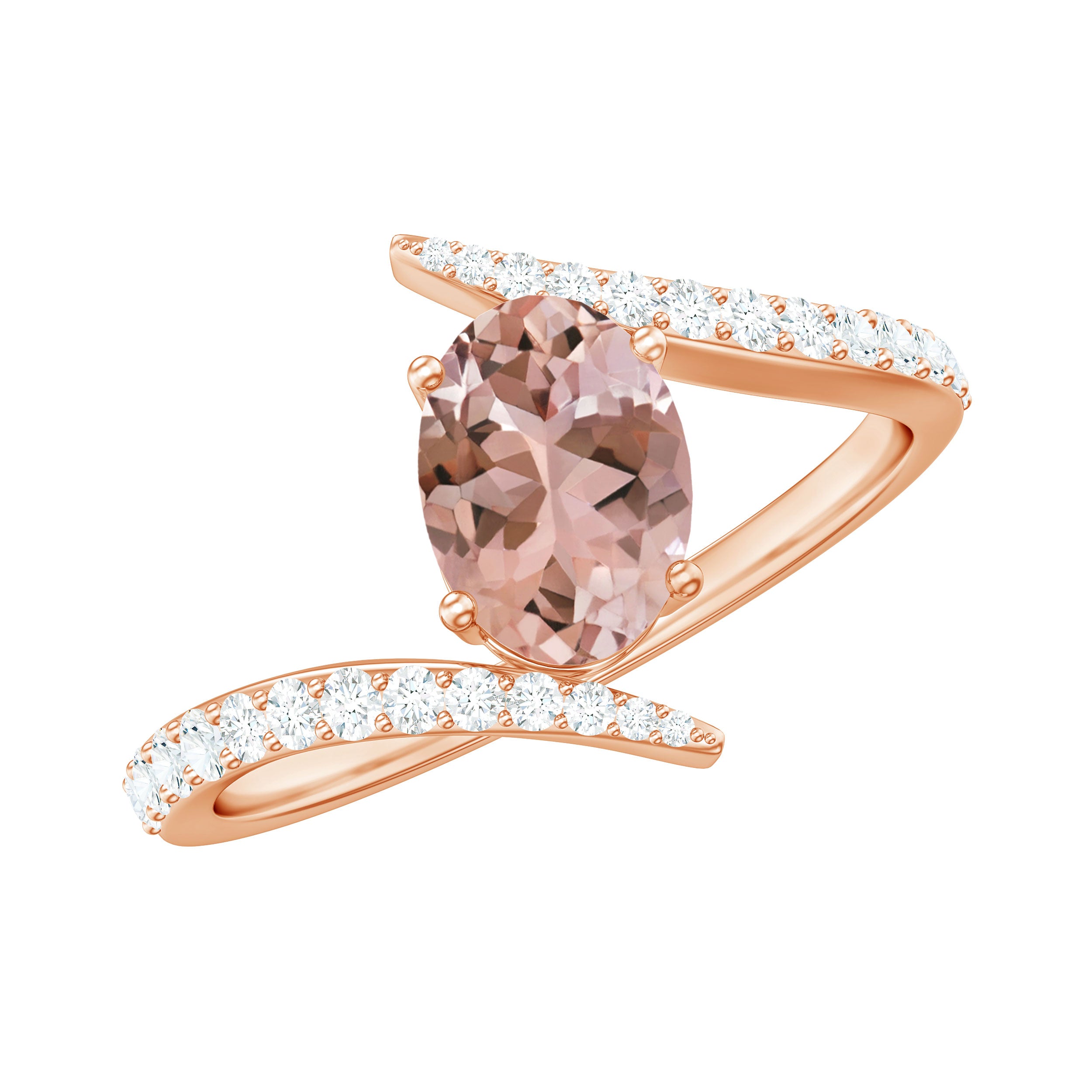 Oval Morganite Solitaire Bypass Ring with Diamond Morganite - ( AAA ) - Quality - Rosec Jewels