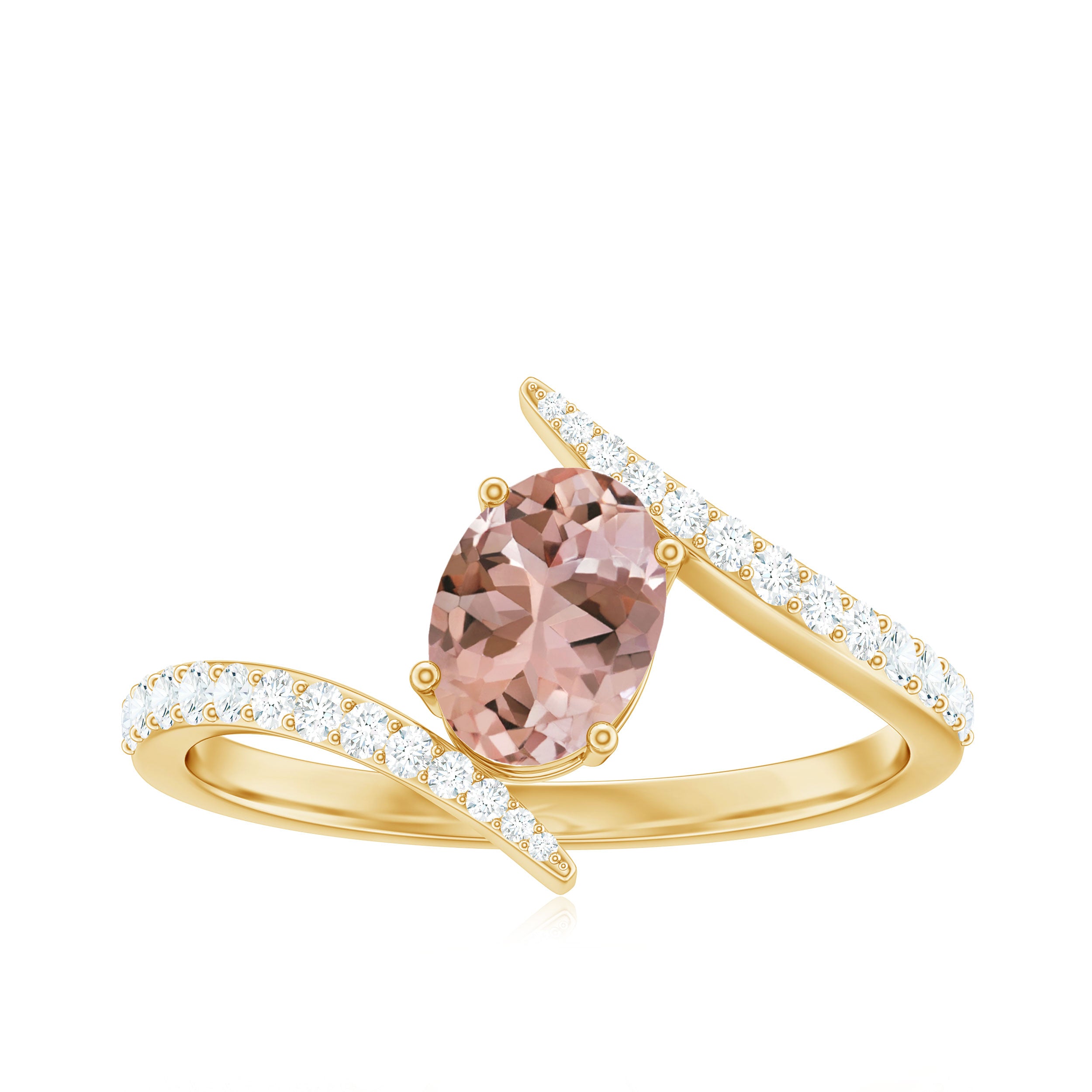 Oval Morganite Solitaire Bypass Ring with Diamond Morganite - ( AAA ) - Quality - Rosec Jewels