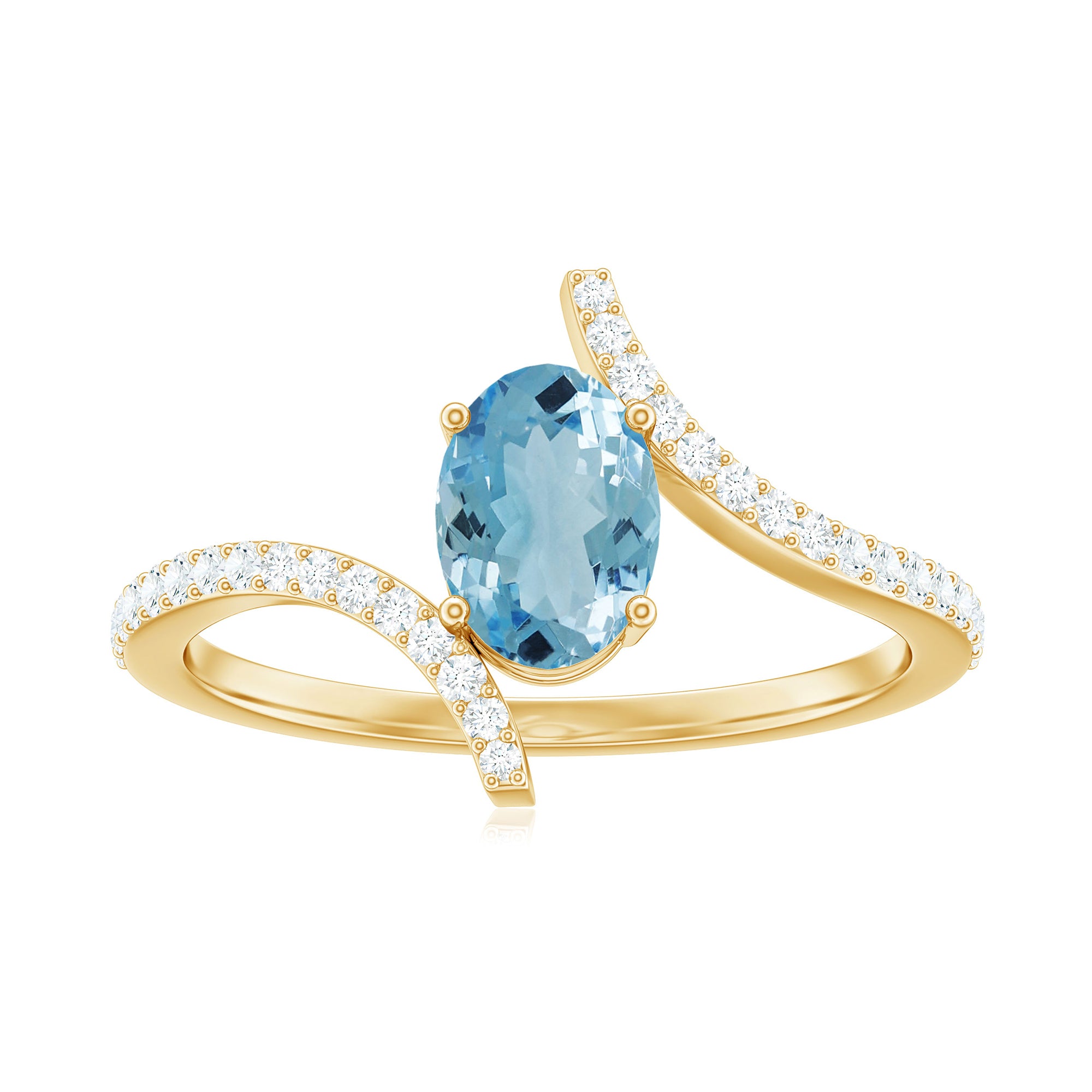 Oval Aquamarine Solitaire Bypass Ring with Diamond Aquamarine - ( AAA ) - Quality - Rosec Jewels