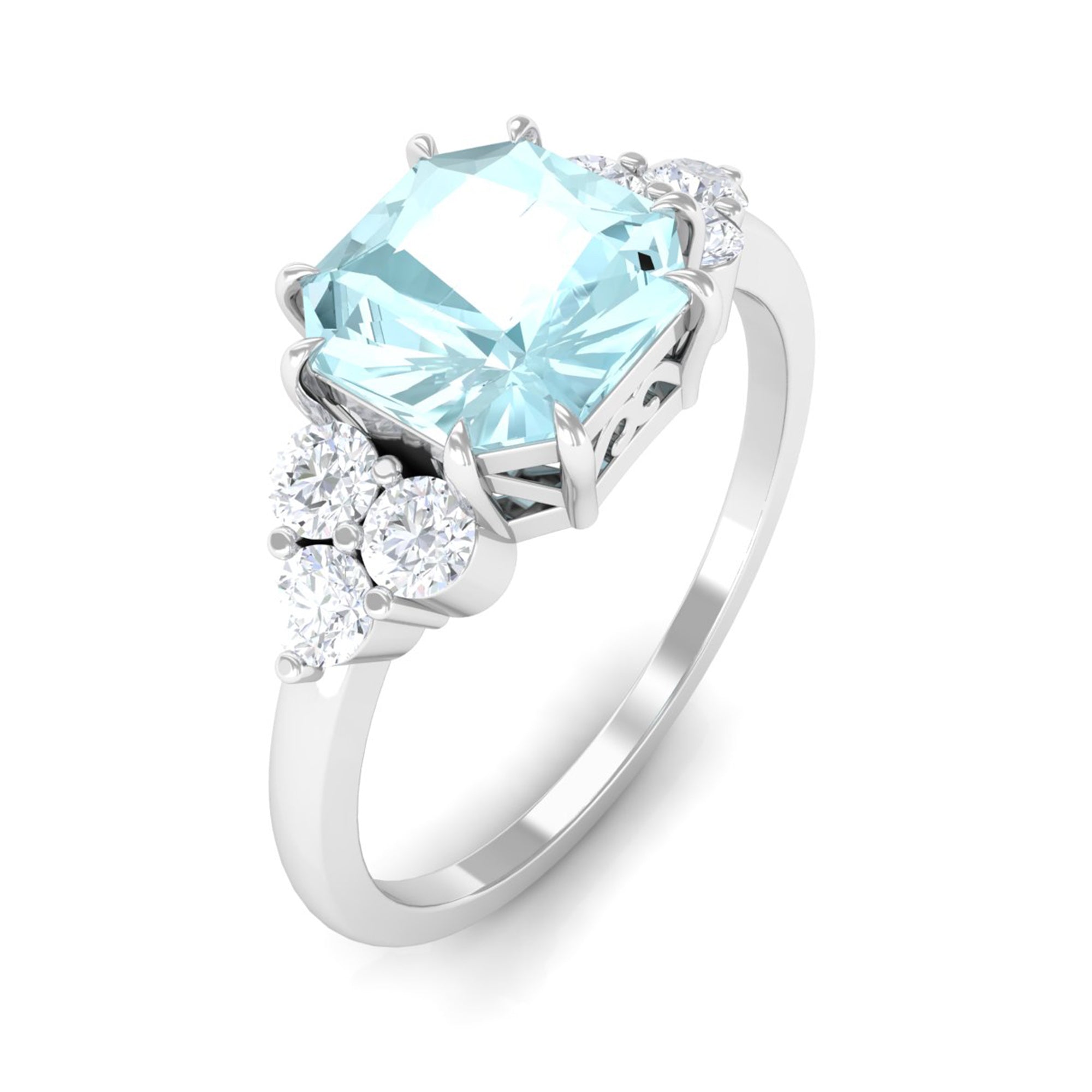 Asscher Cut Sky Blue Topaz Solitaire Engagement Ring with Diamond Trio Sky Blue Topaz - ( AAA ) - Quality - Rosec Jewels