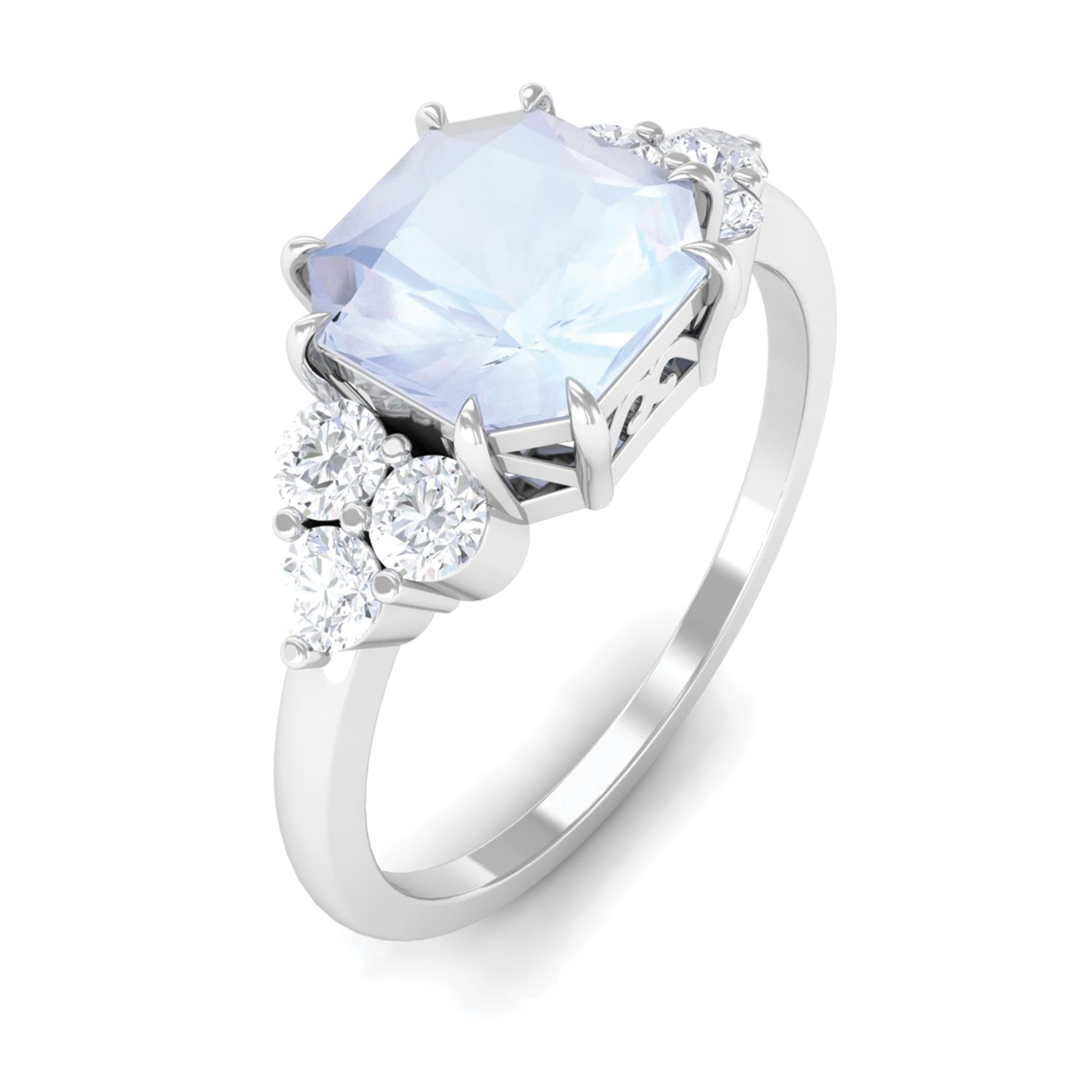 Asscher Cut Moonstone Solitaire Engagement Ring with Diamond Trio Moonstone - ( AAA ) - Quality - Rosec Jewels